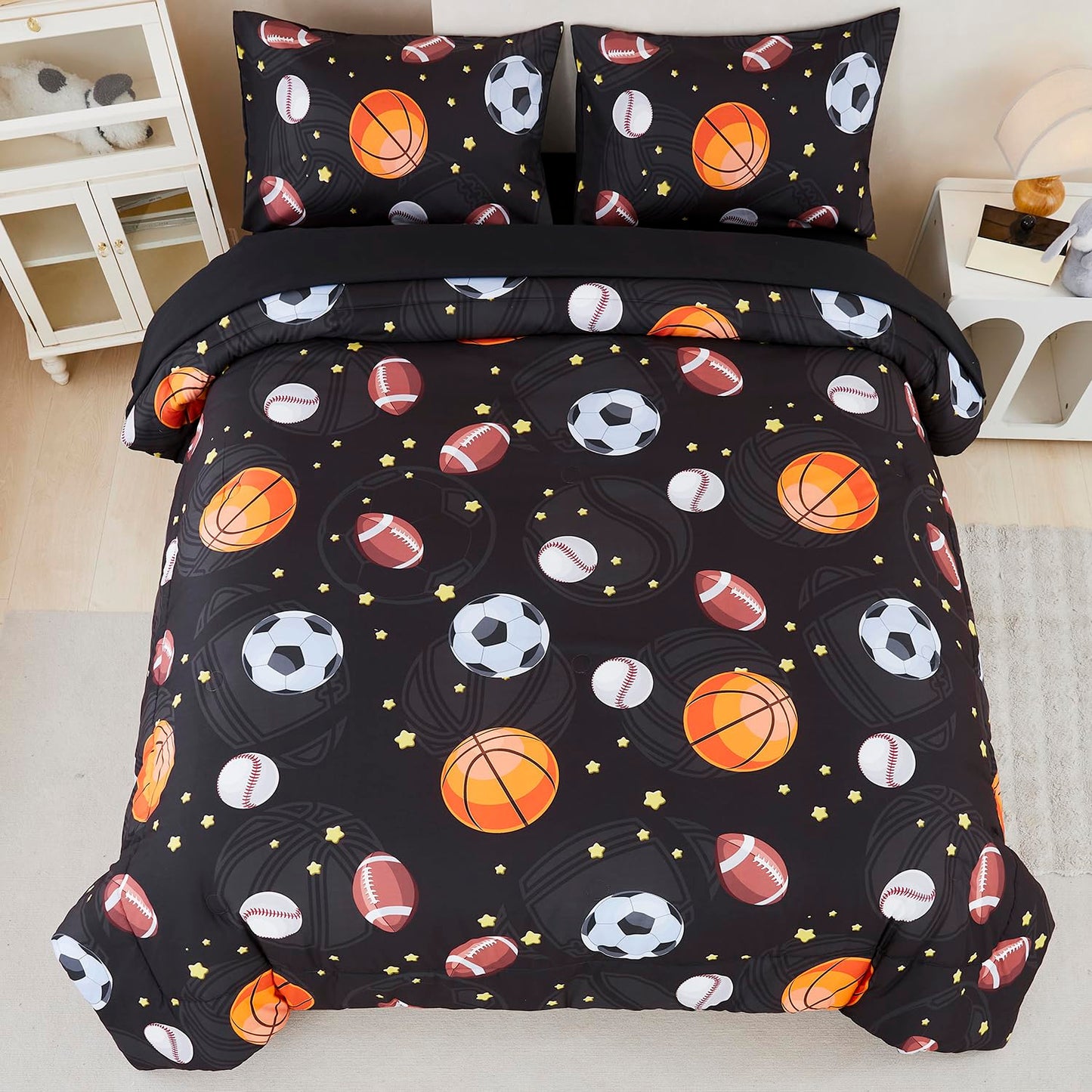 ZSYAYAHA Twin Bedding Set with Comforter 5 Pieces Boys Basketball Bedding Set Kids Sports Bed Set Soft Fluffy Baseball Soccer Bed in A Bag for All Season(Black Balls, Twin)