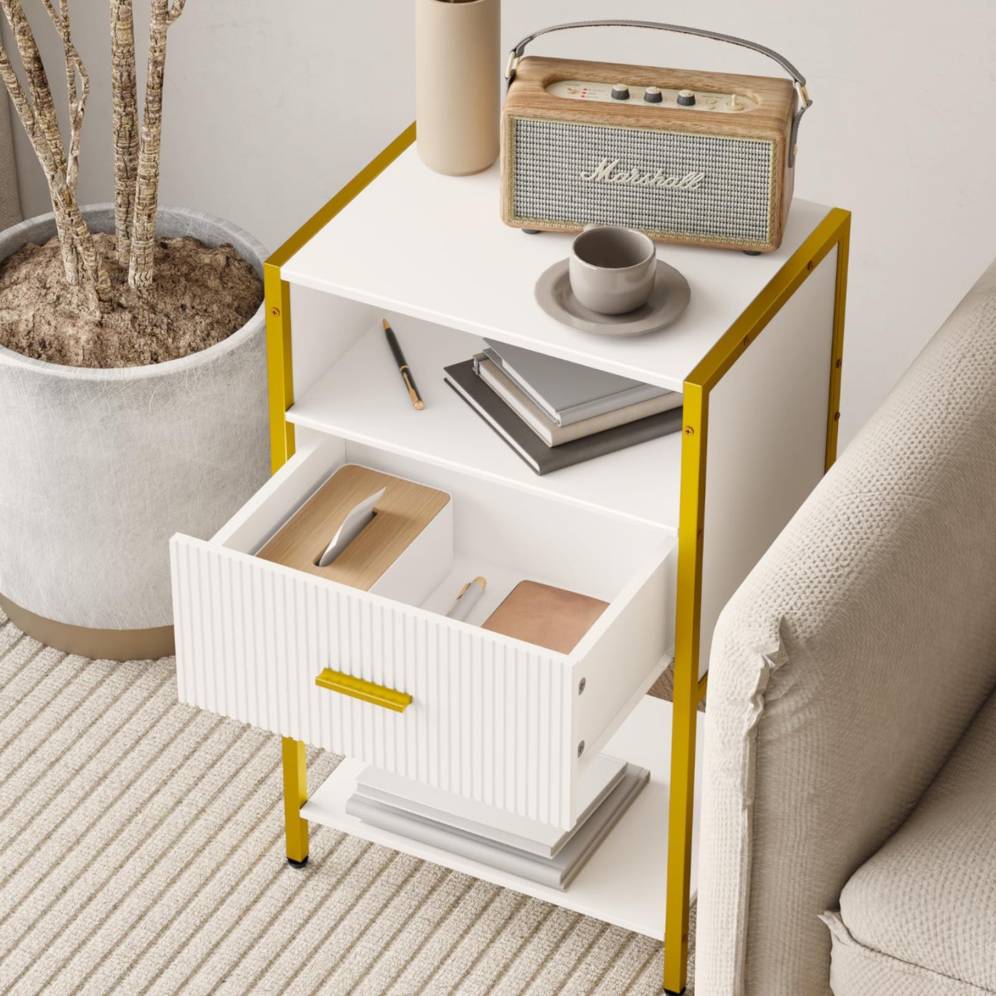 Veegle Fluted Nightstand, Modern Side Table with Drawer, White and Gold Bedside Table with Open Shelves for Living Room, Bedroom