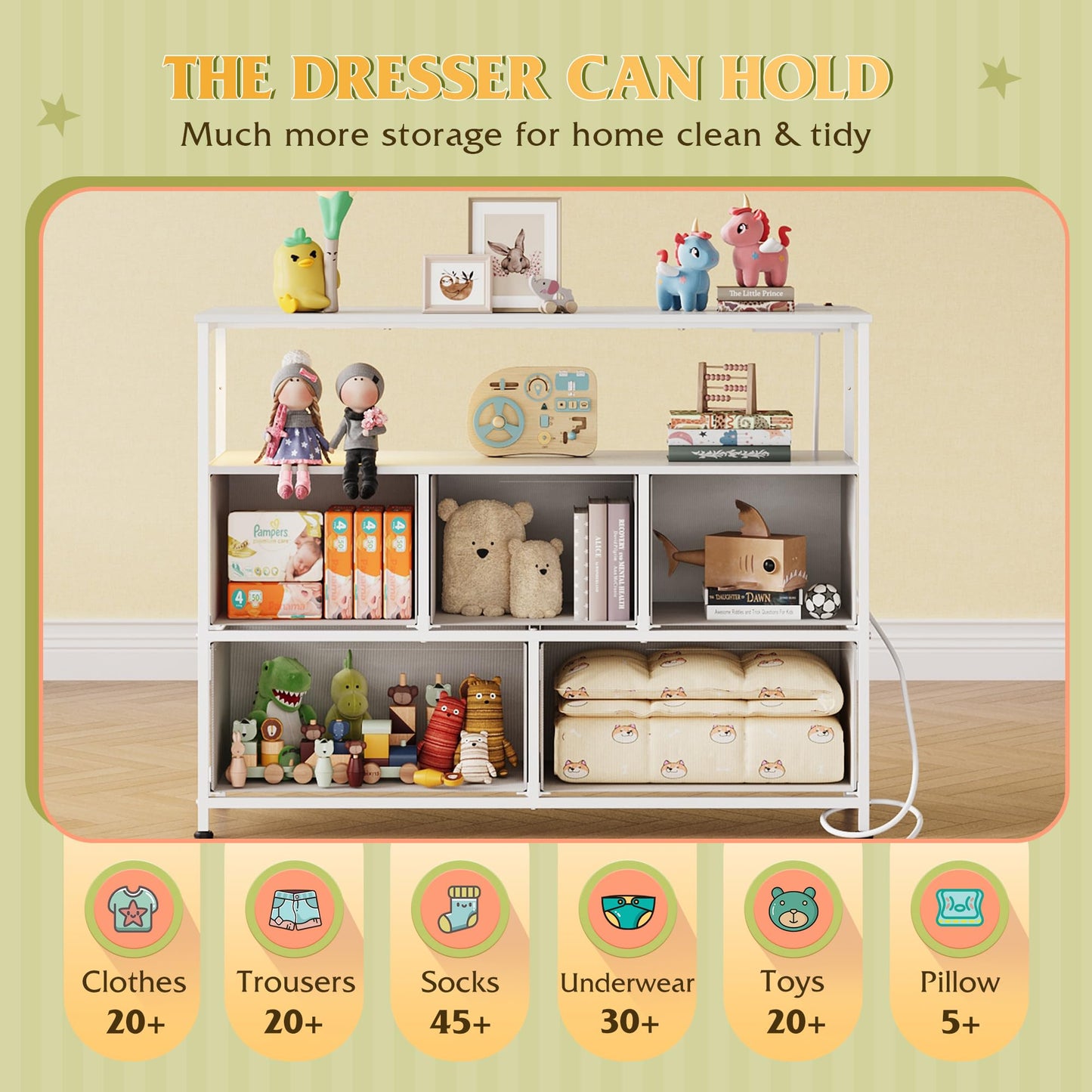 WLIVE White Dresser for Bedroom, 5 Drawer Dressers with Charging Station, Fabric Chest of Drawers with Open Shelves, Storage Dresser for Living Room, Closet, Entryway