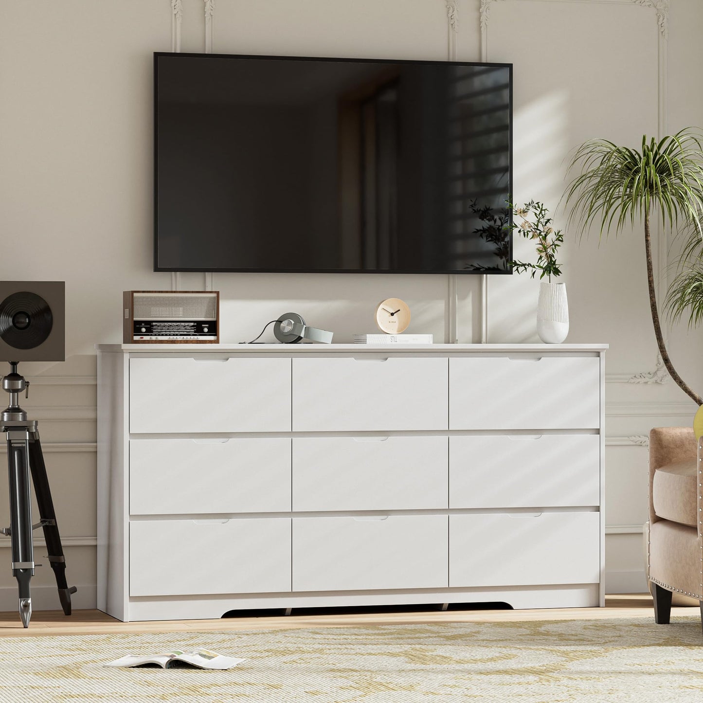 Tradre 59'' White Dresser for Bedroom, 9 Drawer Wood Dresser with Handle Free, Large Modern Chest of Drawers Dresser for Home Office, Living Room, Entryway