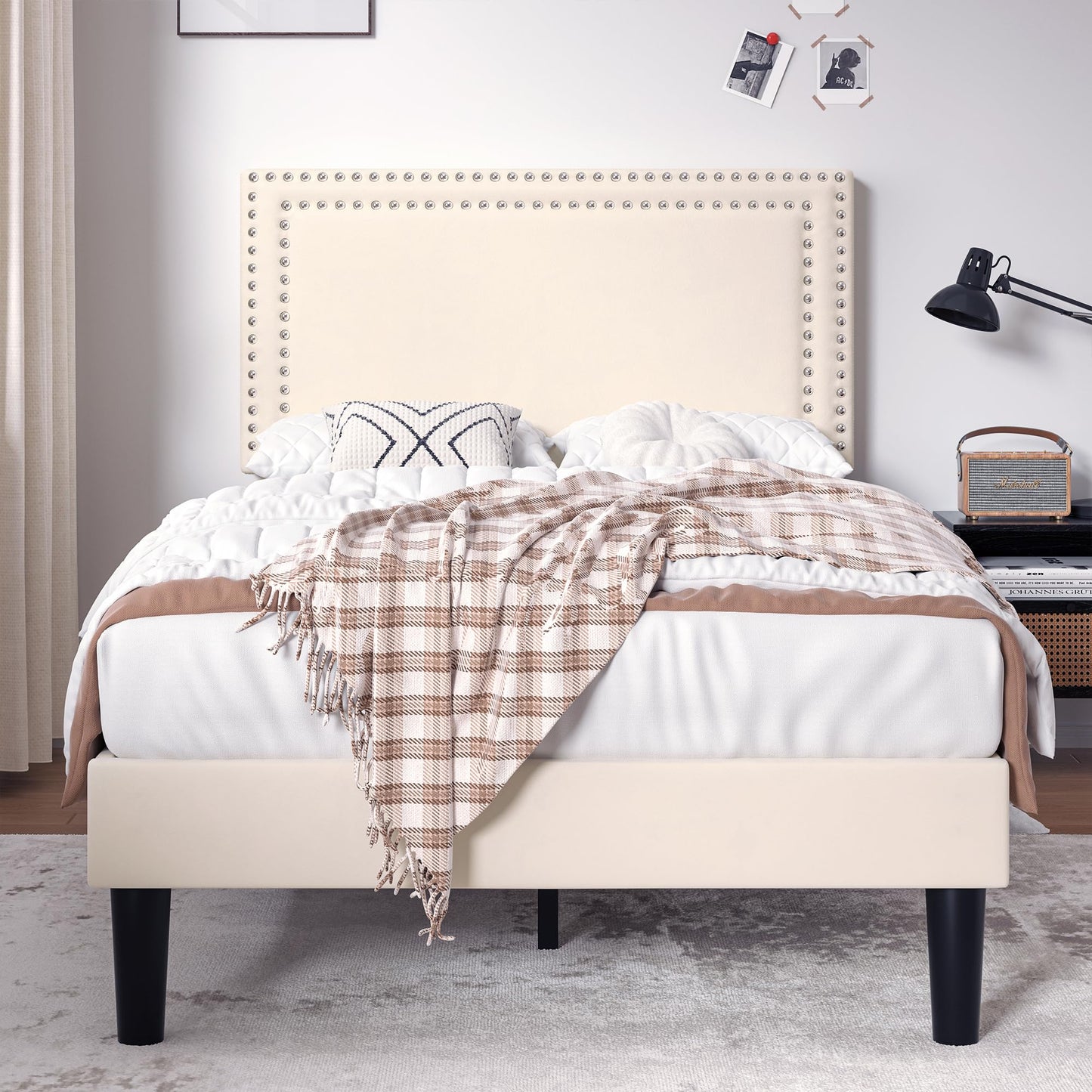 VECELO Twin Size Bed Frame with Adjustable Upholstered Headboard, Strong Wood Slats Platform Support, No Box Spring Needed, Easy Assembly