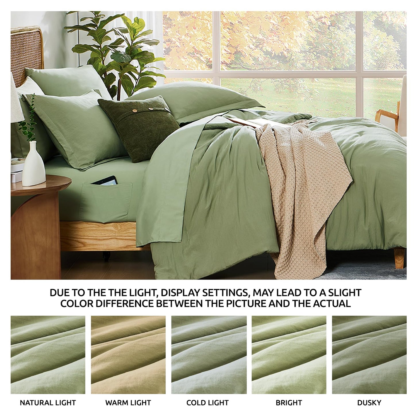 WRENSONGE Queen Comforter Set - 7 Pieces Sage Green Soft Bed in a Bag Queen with Fitted Sheet, Flat Sheet, 2 Pillow Shams, and 2 Pillowcases- Warm Bedding Sets Queen for All Season