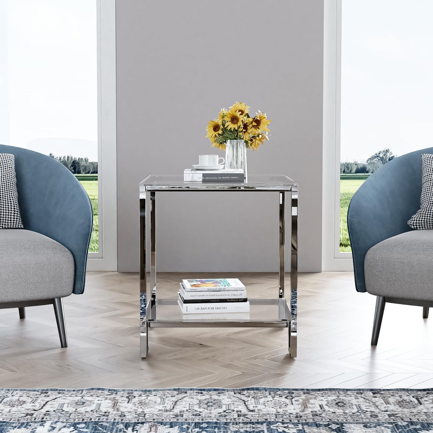 2 Tier Square End Table Side Table with Tempered Glass Top and Silver Stainless Steel Frame Modern Night Stand for Small Spaces Side Table with Storage for Living Room Bedroom