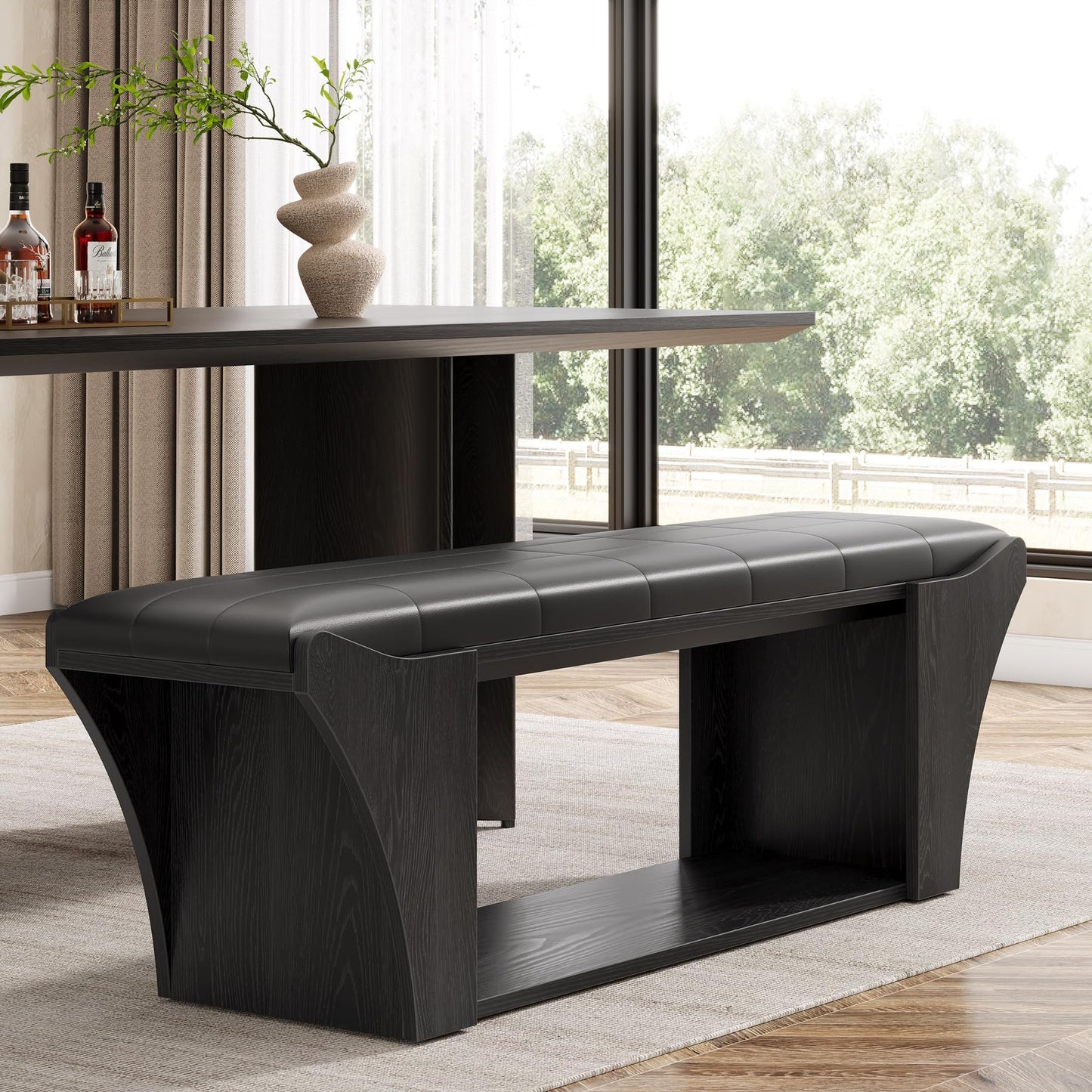 Tribesigns 59" Long Dining Room Bench for 2 to 3, Modern Black Kitchen Benches Upholstered Stools with Leather Padded Seat and Open Storage Shelf for Indoor Use