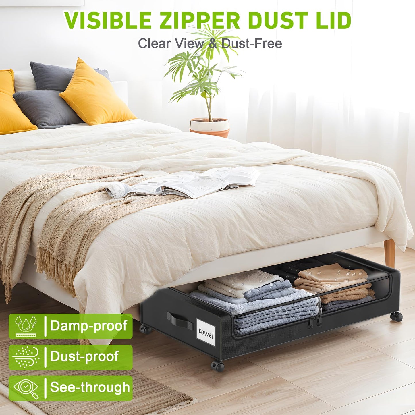 YAASHEEN Under Bed Storage with Wheels, 2-Pack Under the Bed Storage Containers with Clear Lids & Label, Underbed Storage Bins, XXL 60L Rolling Metal Drawer for Clothes, Shoes, Toys, Books - Black