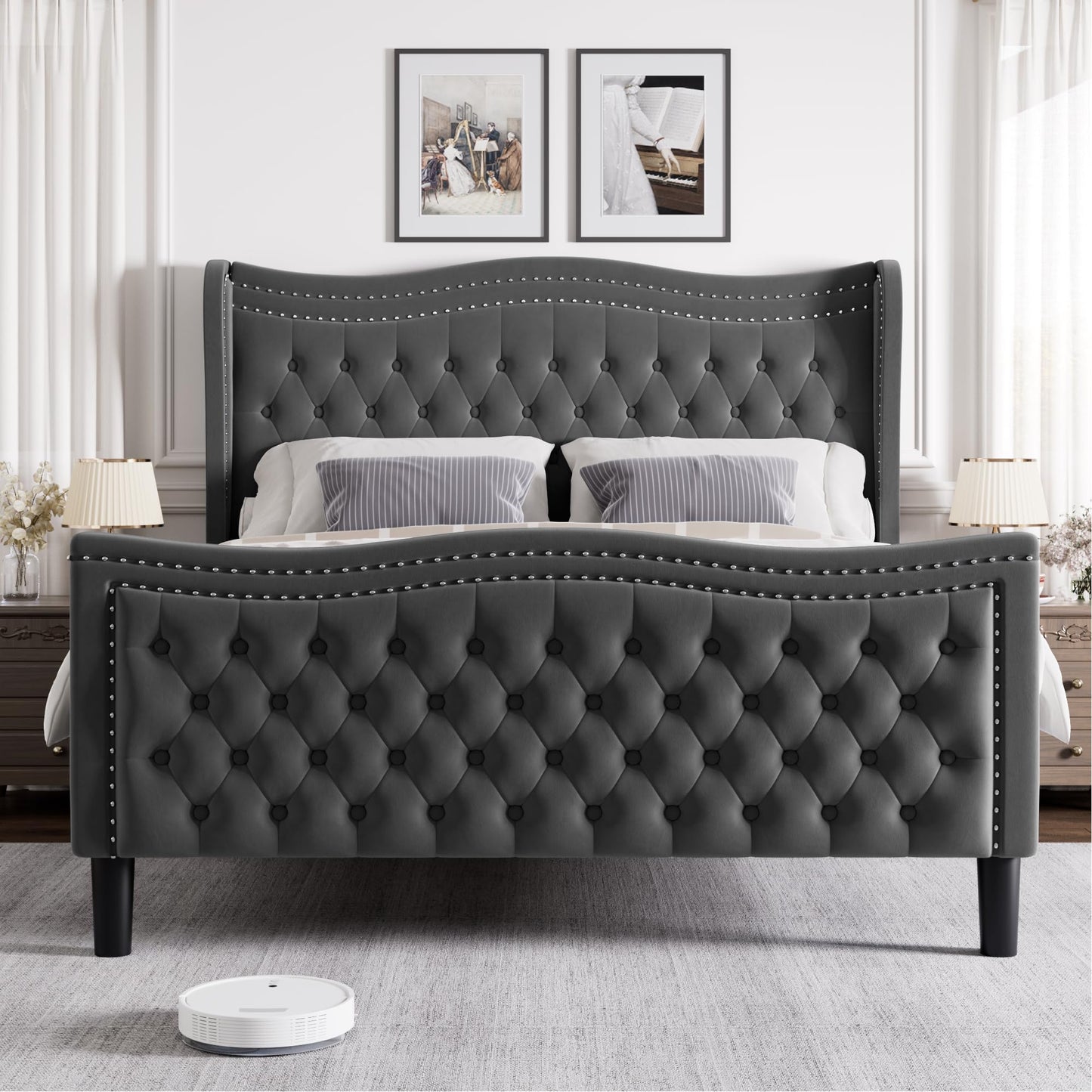 VINTLJUS Full Bed Frame with Tall Headboard & Footboard, Velvet Upholstered Platform Bed Frame with Deep Button Tufted Wingback, No Box Spring Needed, Noise Free, Grey
