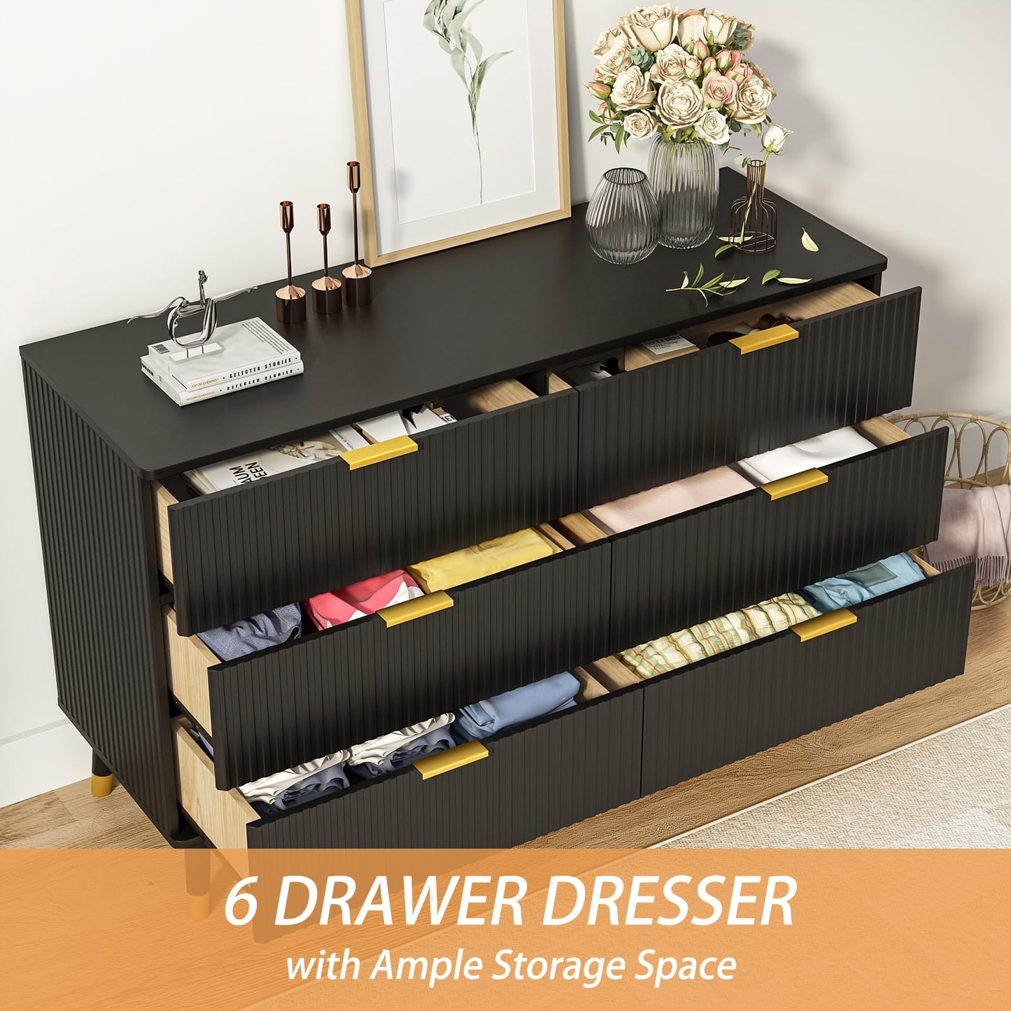 Tradare Black Dresser, Fluted 6 Drawer Dresser for Bedroom, Wooden Modern Chest of Drawers with Gold Metal Handles, Black