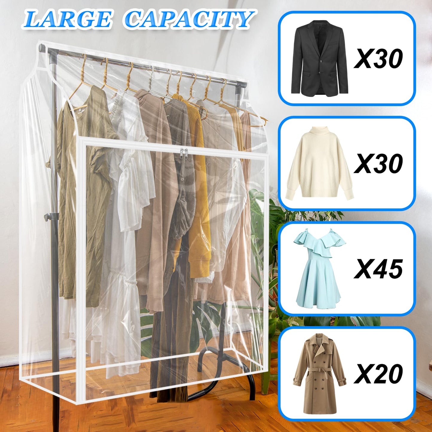 2 Pack Clear Garment Rack Cover Hanging Garment Bag for Closet Dustproof Clothes Rack Cover with Clear Window and Zipper Large Clothing Bags Dress Protector