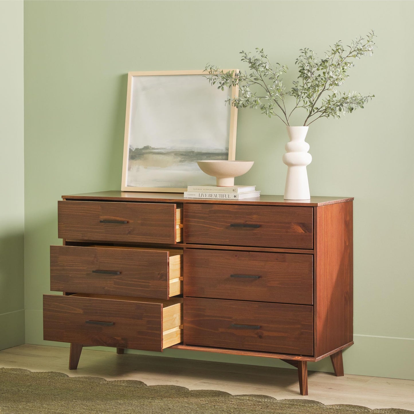 Walker Edison Sloane 6-Drawer Solid Wood Dresser with Metal Handles, 52 Inch, Walnut