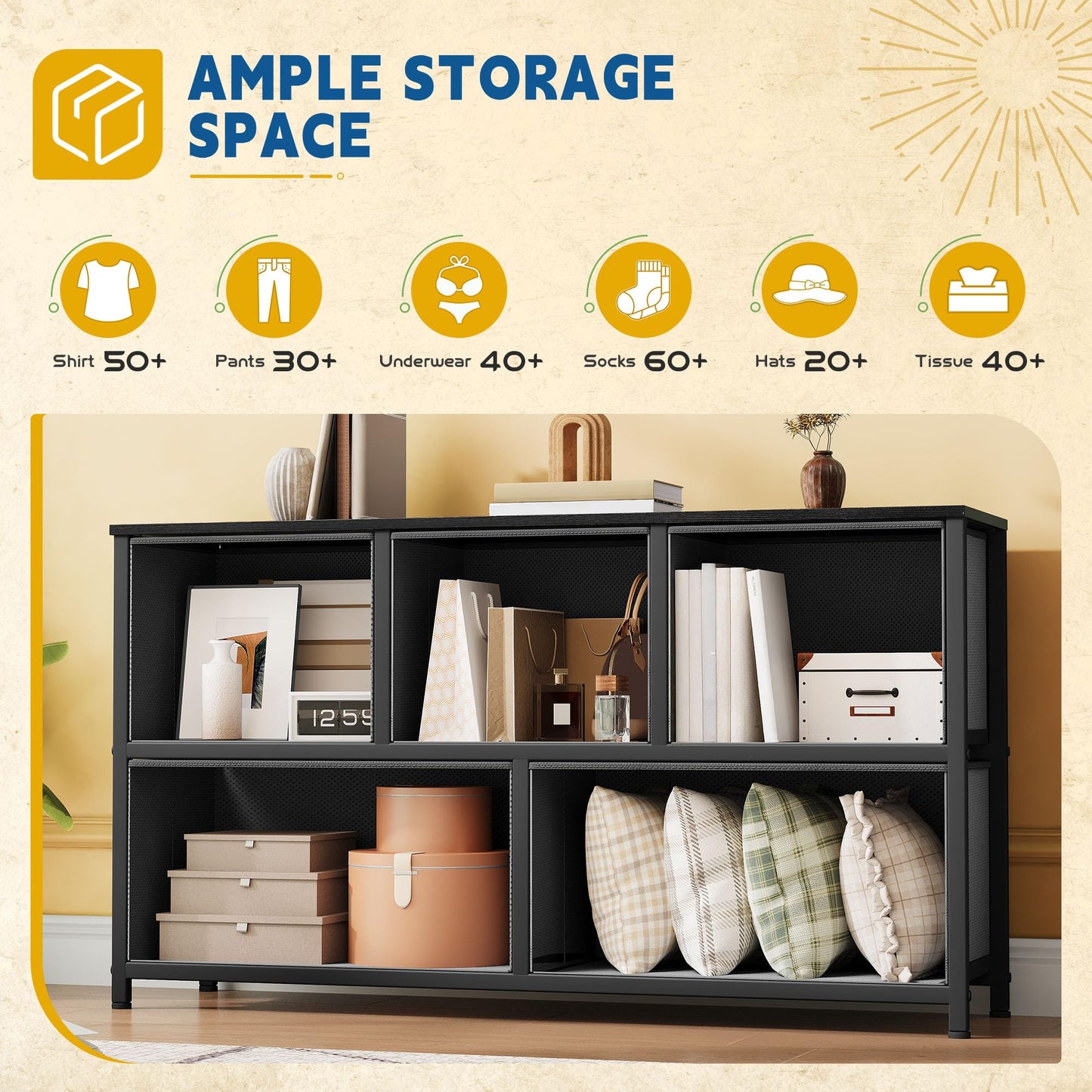 DWVO TV Stand, Fabric Tower with 5 Drawers, Dresser for Bedroom, Storage Tower, Chest of Drawers for Closet, Living Room, Hallway