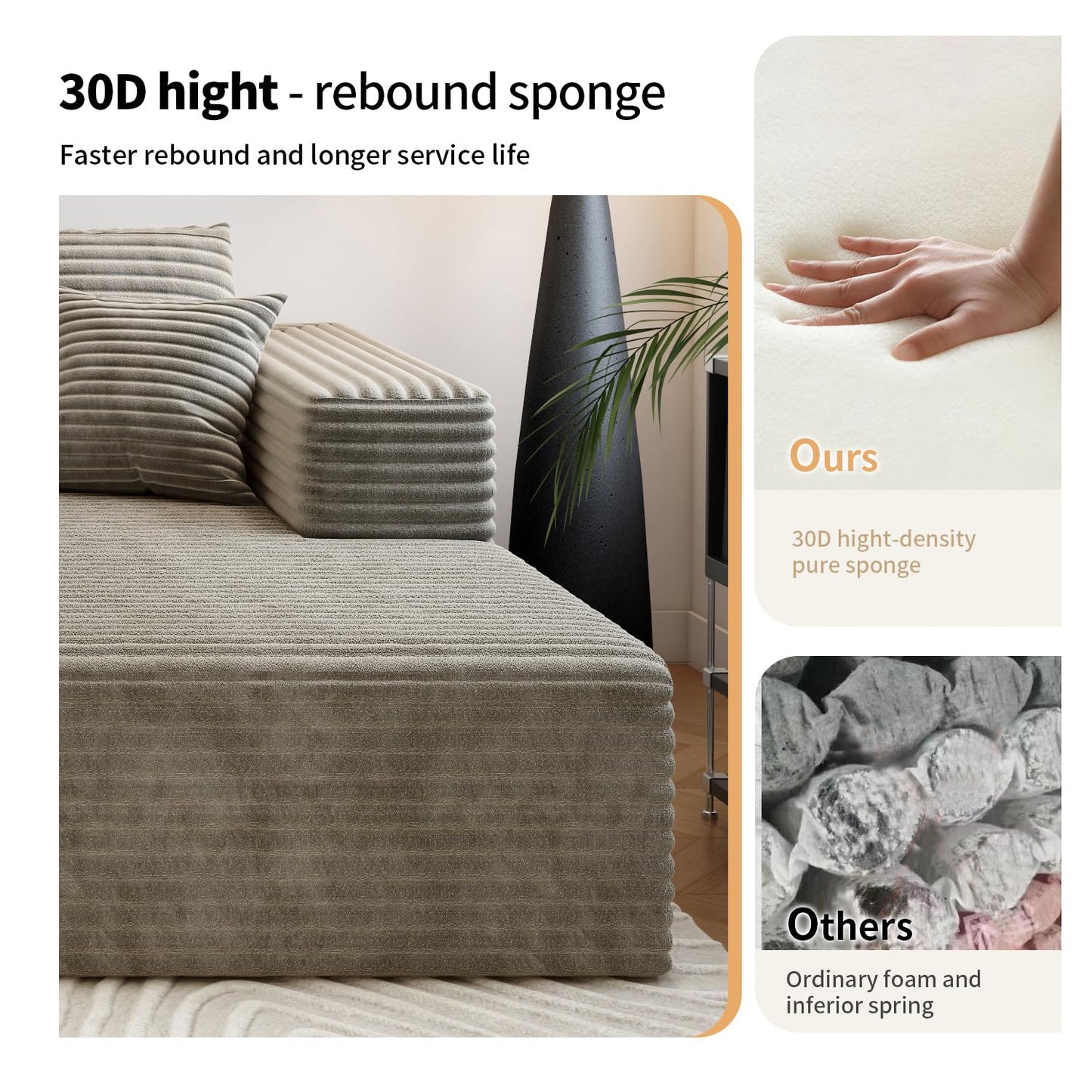 107.5" Cloud Modular Sectional Sofa Couch with L-Shape Chaise,Modern Minimalist Upholstered Couches for Living Room Bedroom,Deep Seat Corner Couch，No Assembly Required (Camel,Right Facing Chaise)