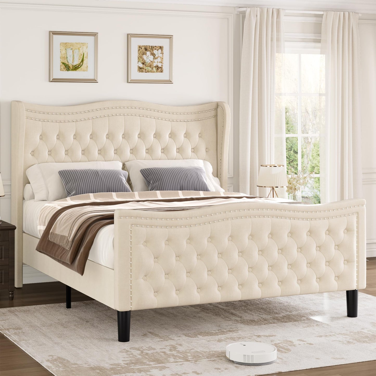 VINTLJUS Queen Bed Frame with Tall Headboard & Footboard, Velvet Upholstered Platform Bed Frame with Deep Button Tufted Wingback, No Box Spring Needed, Noise Free, Beige