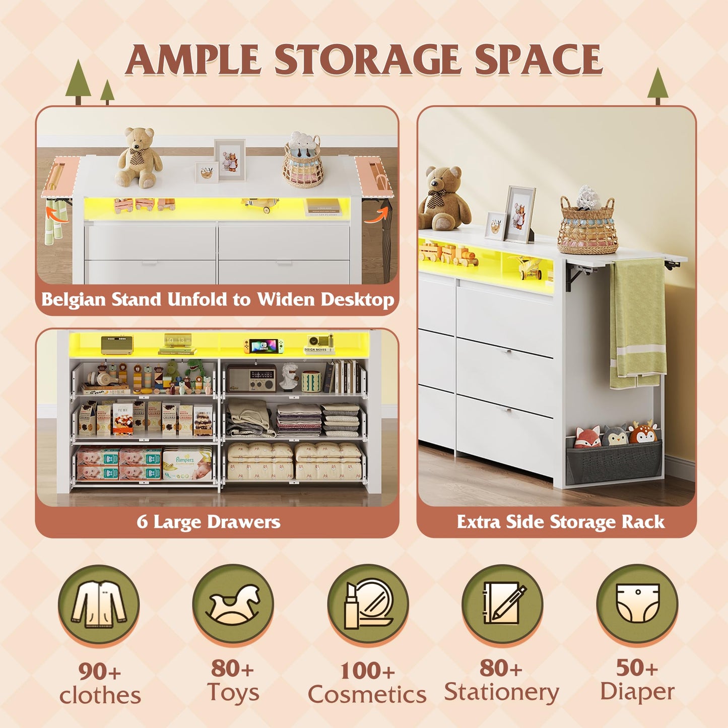 WLIVE 78 Inch Dresser for Bedroom, Large Chest of Drawers Expandable White Wood Dresser from 5'3" to 6'5'' with Flexible Shelves and Hanging Rack, Led Dressers for Living Room (85'' TV)