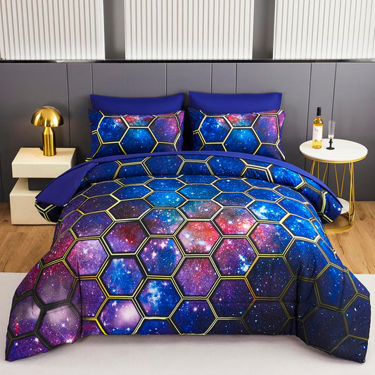 ZSYAYAHA Purple Space Bedding Set Kids Twin Bed Set for Boys Blue Galaxy Comforter Sets for Girls Soft Fluffy 7 Pieces Bed in A Bag Set with Sheets(Space Blue, Twin)