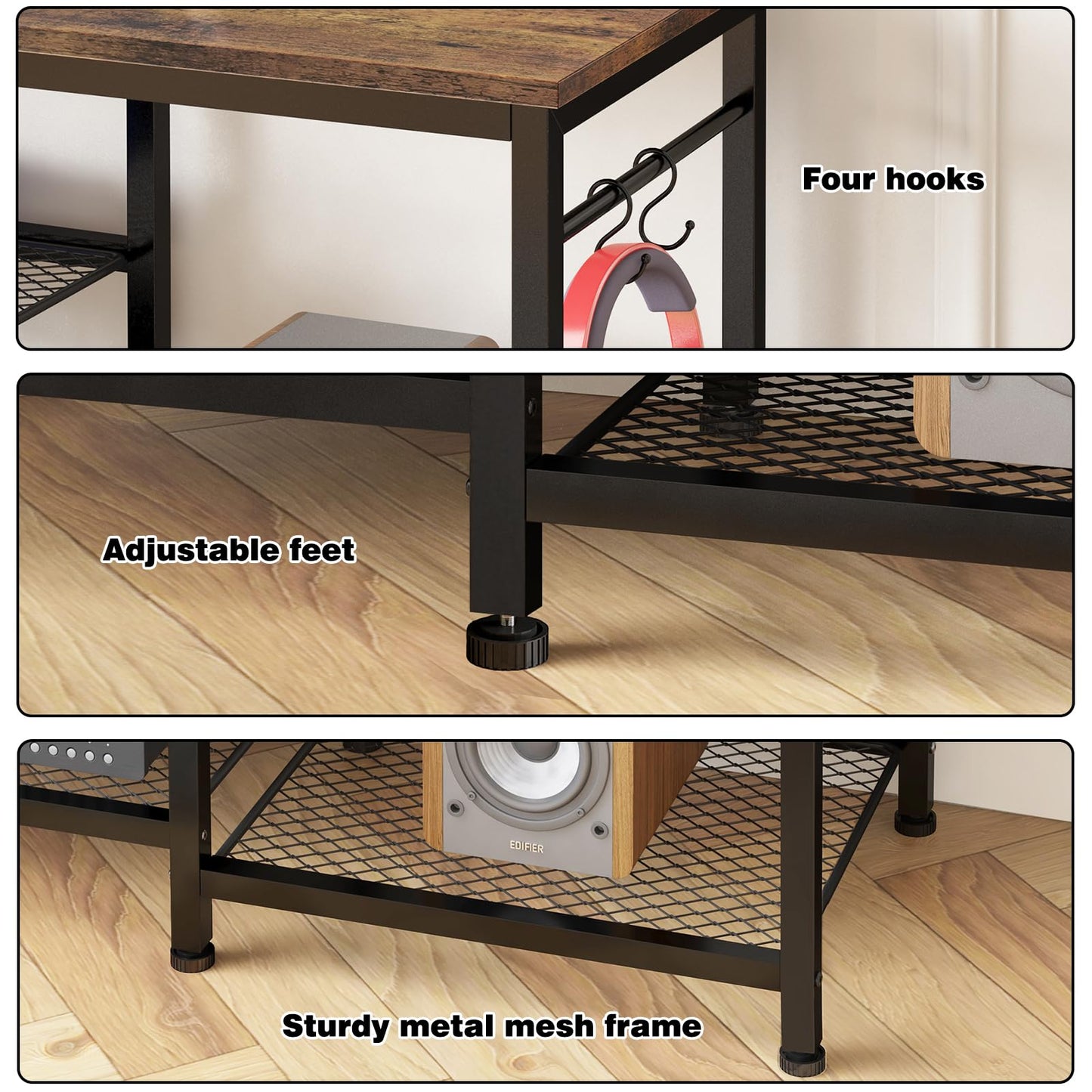 YGEOMER TV Stand Entertainment Center for 55 Inch TVs, with Charging Station and Lights Open Storage Shelves, TV Media Console, Open Storage Shelf with Sound Rack for Living Room, Rustic Brown