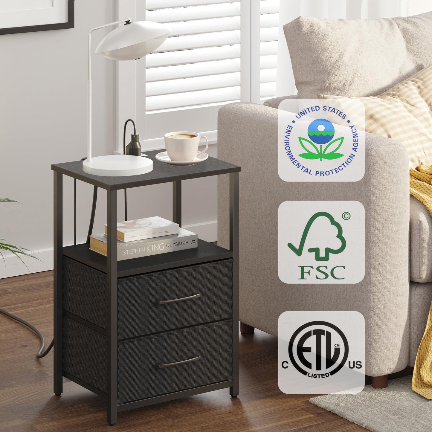 TUTOTAK End Table with Charging Station, Side Table with 2 USB Ports and Outlets, Nightstand with Cloth Drawer, Set of 2, Couch Table, Black TB01BK052