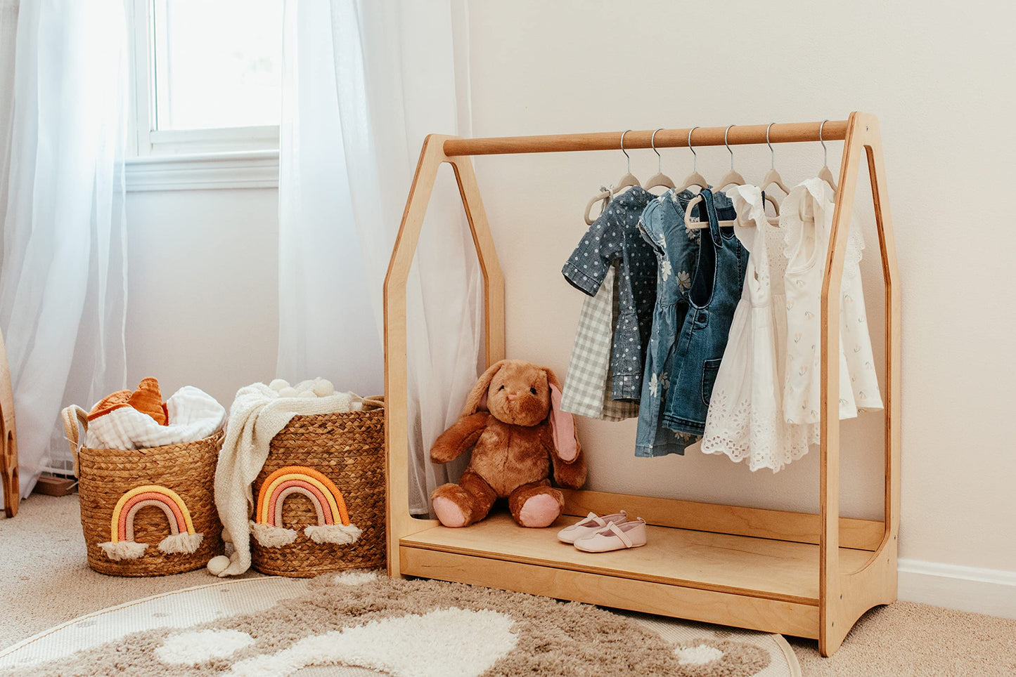 WOOD&ROOM Montessori Kids Clothing Rack with Shelf - Wooden Toddler Dress Up Clothes Rack - Kids Clothing Storage, Childrens Wardrobe Closet, Dressup Storage Organizer, Mini Closet For Kids Room