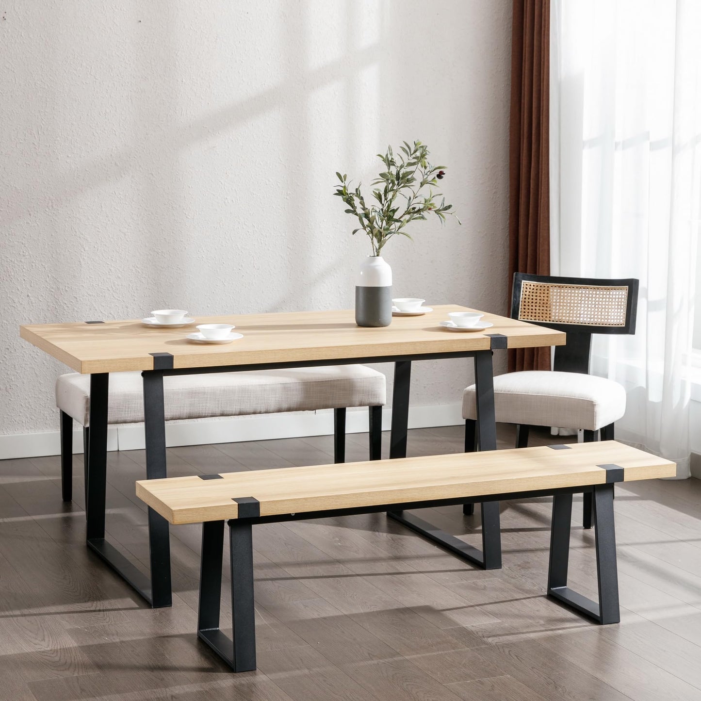 Wooden Dining Bench 60” Industrial Table Benches, Seating Chair Rustic Indoor Benches, Mid Century Kitchen Bench with Metal Legs, Light Oak