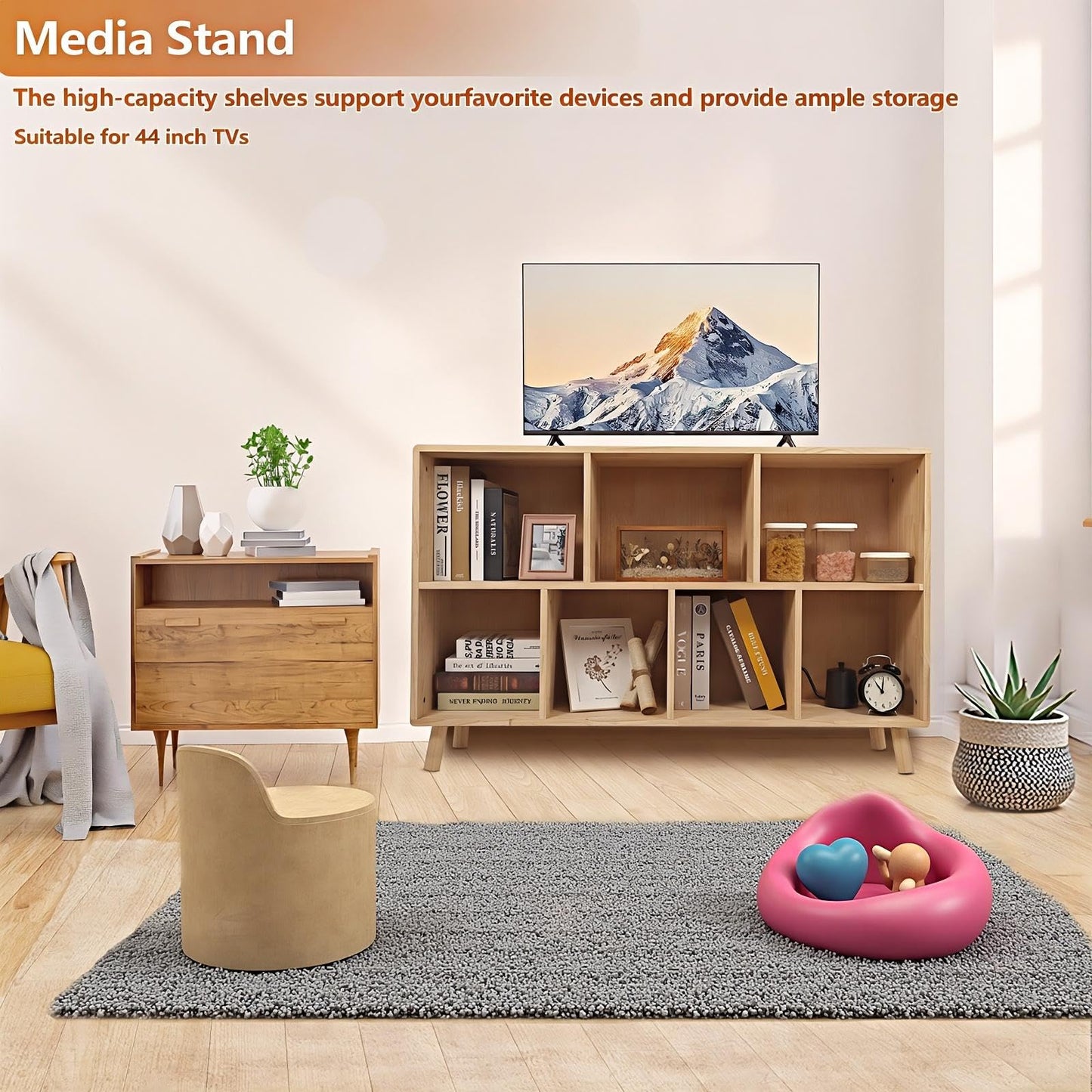 YZU 2-Tier Open Cubes Bookshelf with Legs,7 Cube Storage Organizer, Floor Standing Office Bookcase, Wooden Boho Book Shelves for Furniture, Cubby Storage Organizer for Living Room/Bedroom