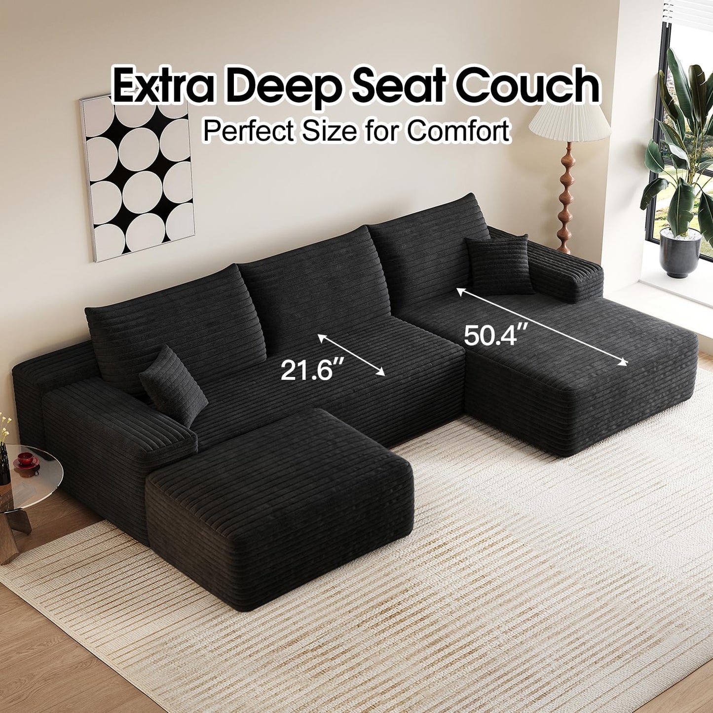 107" Comfy U-Shaped Sectional Modern Boneless Corduroy Couch with Chaise ‌and Ottoman‌ - No Assembly Required! Deep-Seat, Upholstered Modular Cloud Sofa for Living Room, Plush Corduroy Fabric(Black)