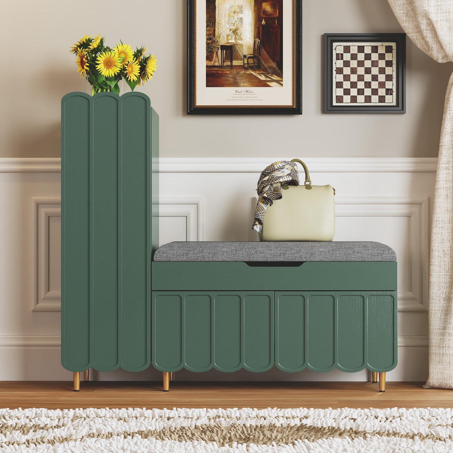 3More Shoe Organizer Cabinet，Entryway Bench with Adjustable Shelves and Cushioned Seat，Unique L-Shaped Bench Cabinet for Entryway, Hallway, Living Room