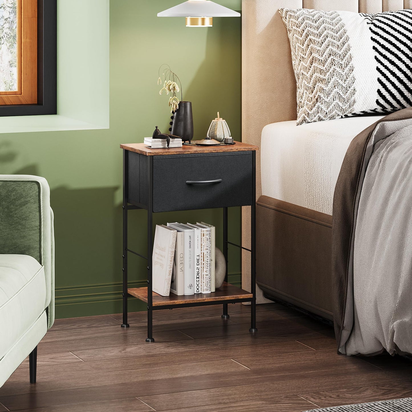 WLIVE Nightstand, End Table with Fabric Storage Drawer and Open Wood Shelf, Bedside Furniture with Steel Frame, Side Table for Bedroom, Dorm, Easy Assembly, Black and Rustic Brown, 25.0" Height