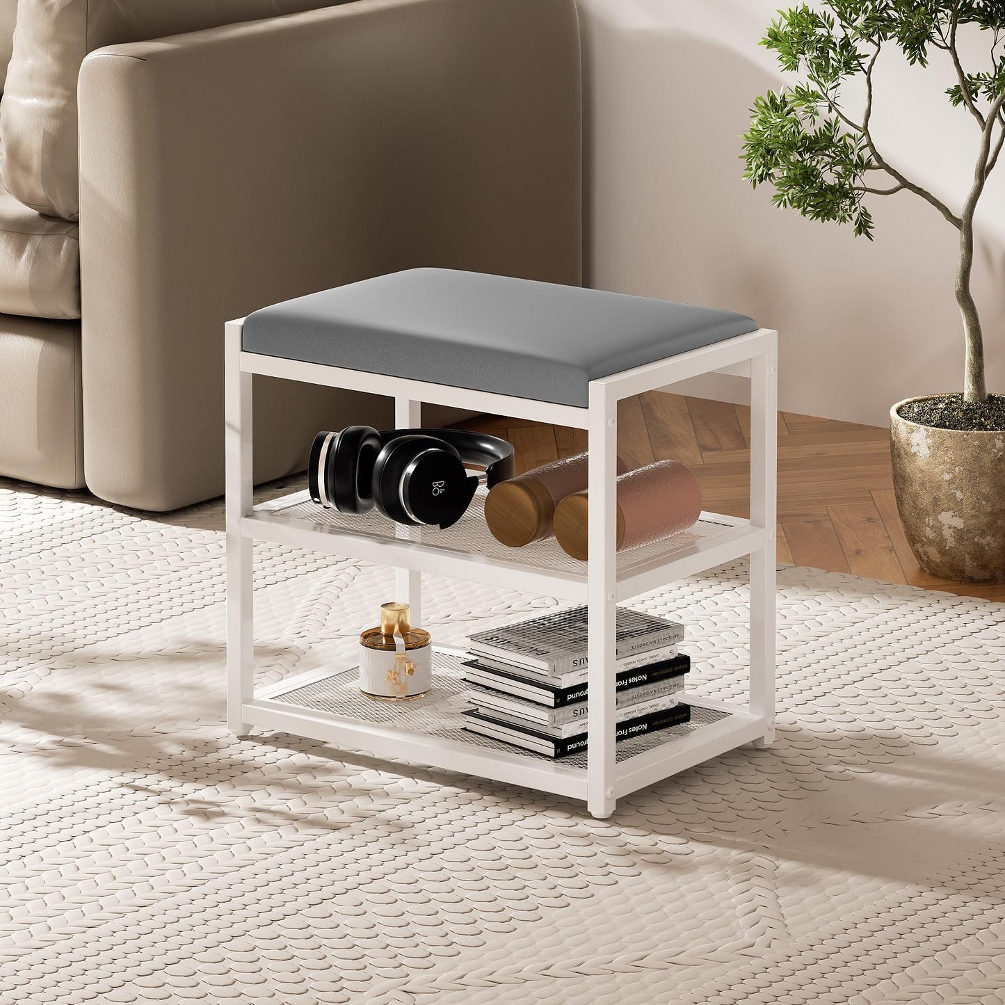 ZHOOGE Small Ottoman with Storage, Vanity Stool Chair Faux Fur, Foot Ottoman, Square Makeup Stool for Small Spaces, Living Room, Bedroom, Bathroom, Entryway, White