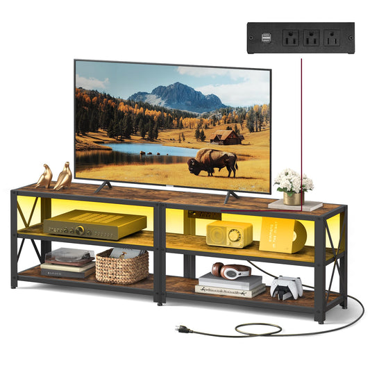VASAGLE TV Stand with Power Outlets and LED Lights, for TVs up to 65 Inches, Entertainment Center with Open Storage Shelves, TV Console Table for Living Room, Rustic Brown and Ink Black ULTV118K01