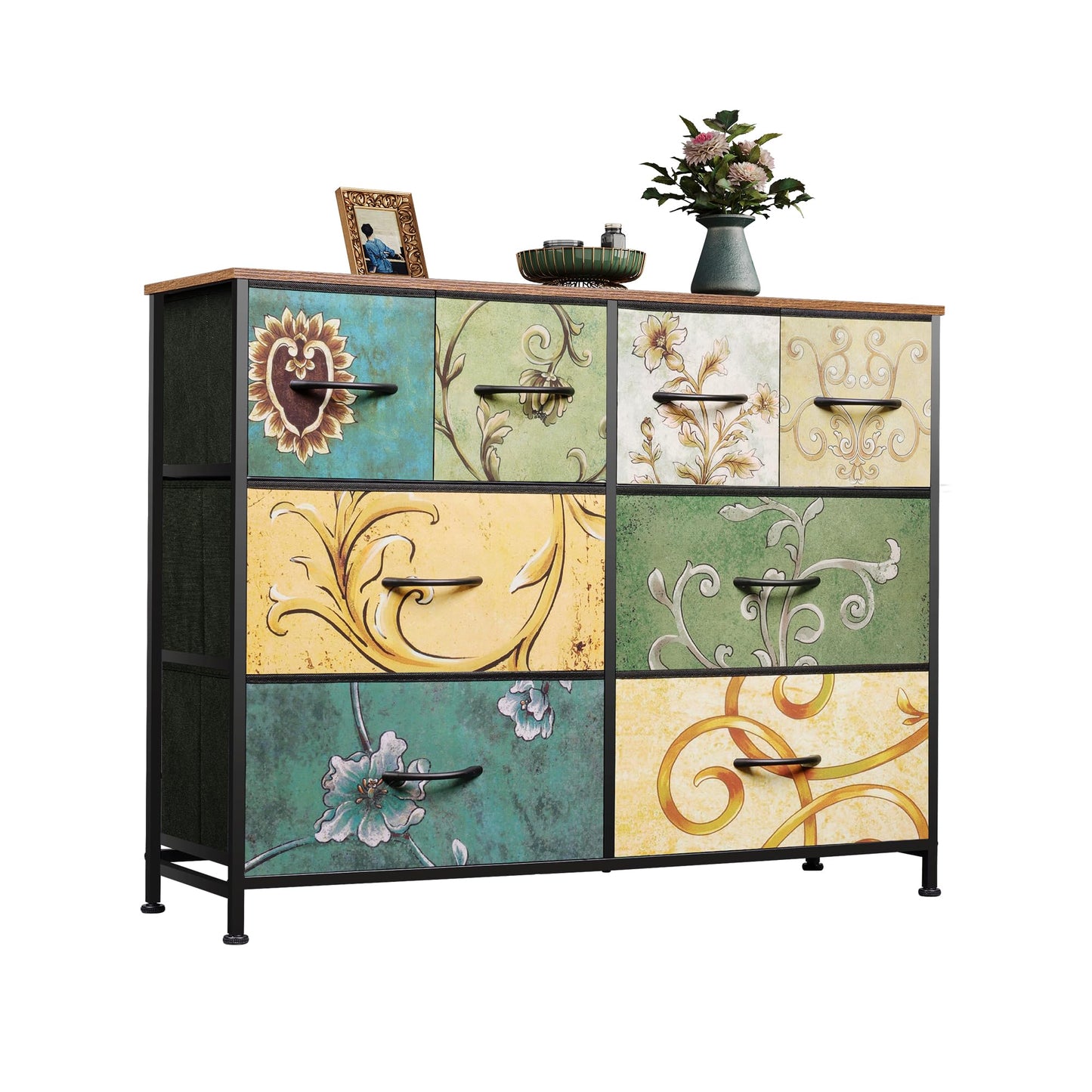 WLIVE 8 Drawer Dresser for Bedroom, Wide Fabric Dresser Storage Organizer, Chest of Drawers with Wood Top, Sturdy Steel Frame, Dressers for Living Room, Closet, Hallway, Floral Painted