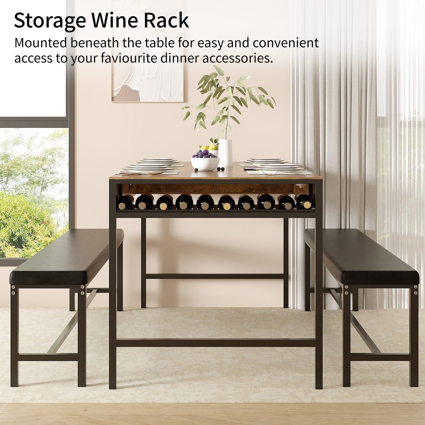 VECELO 65" Dining Table Set for 4-6, 3-Piece Kitchen Set with 2 Utensil Drawers, 2 Benches & Wine Rack, Space Saving & Heavy Duty, with Metal Frame & MDF Board, Rustic Brown