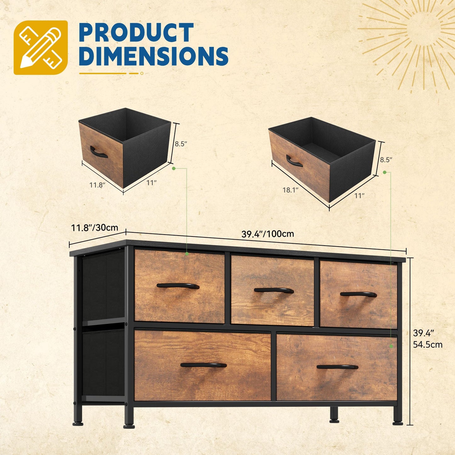 DWVO TV Stand, Fabric Tower with 5 Drawers, Dresser for Bedroom, Storage Tower, Chest of Drawers for Closet, Living Room, Hallway