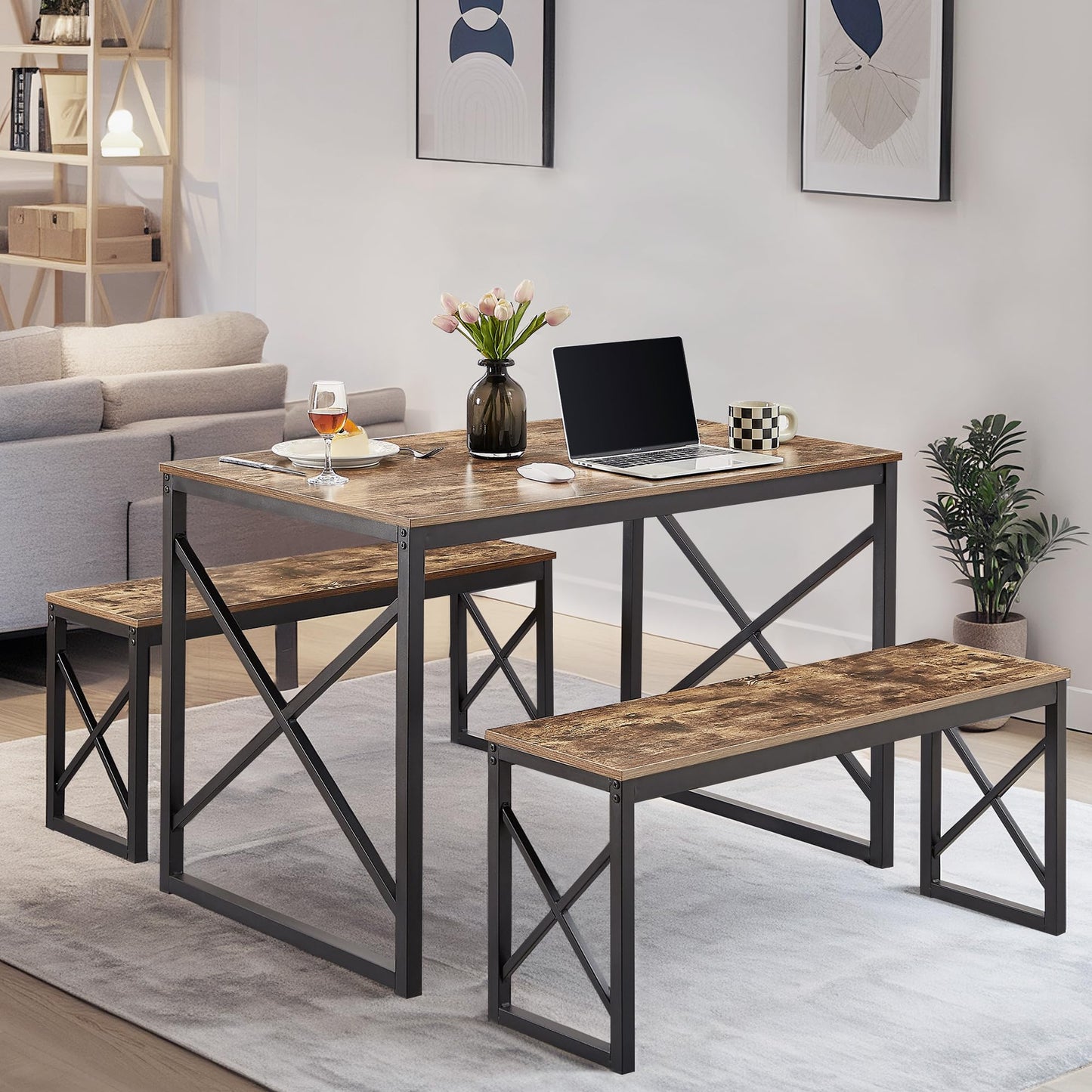 VECELO Kitchen Table with 2 Benches for 4, 43.3'' Wood Dining Room Dinette Sets with X Metal Frame for Breakfast Nook and Small Space, Brown