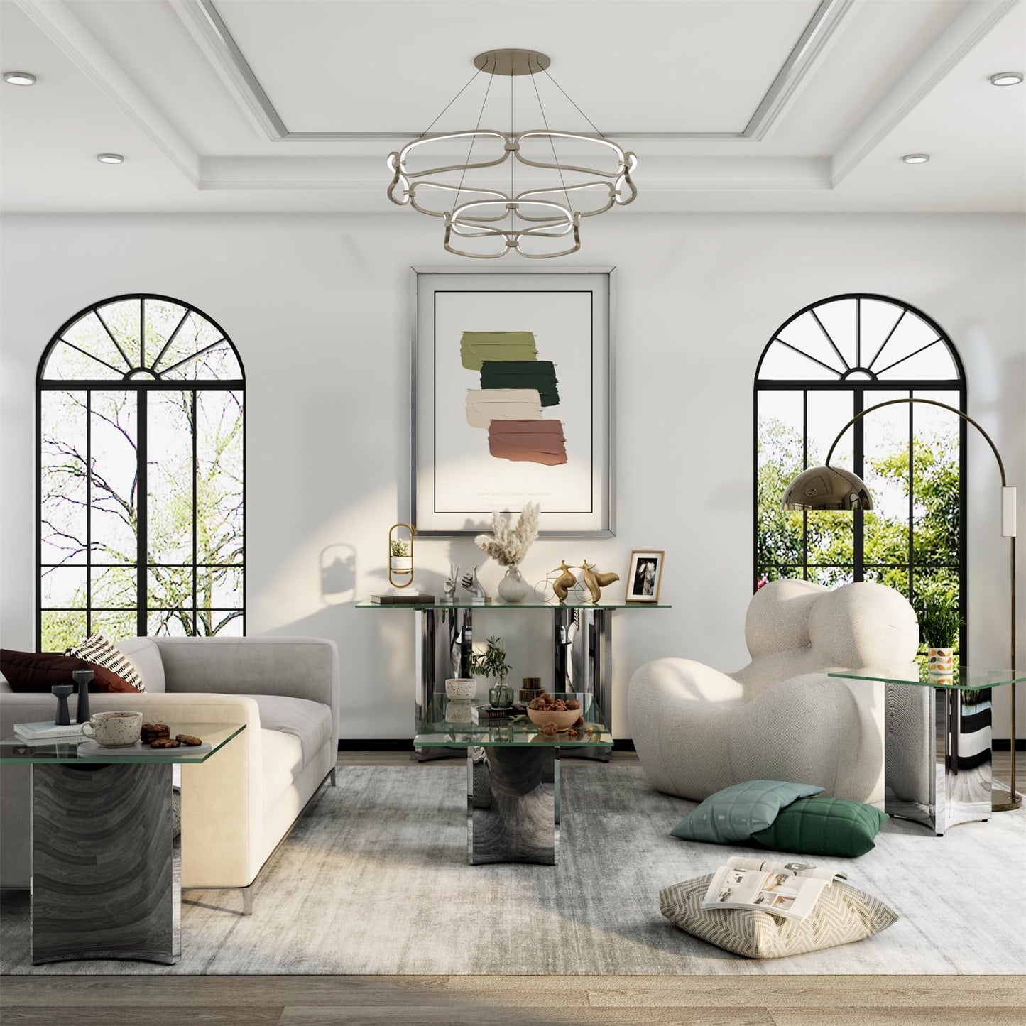 3-Piece Coffee Table Set, Modern Coffee Table & 2 End Table, Living Room Tables with Tempered Glass Top and Silver Mirrored Stainless Steel Geometric Base