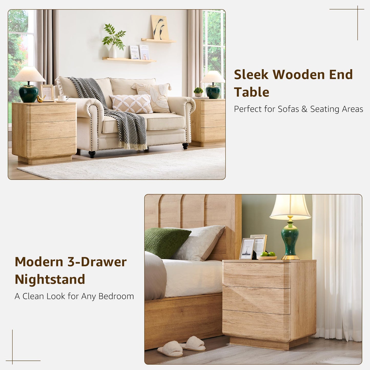 ACCOHOHO 22" Modern Nightstand with Charging Station, 3 Push-to-Open Handleless Drawers Bedside Table, Large End Table with Storage, Night Stand for Bedroom, Living Room, Curved Profile, Natural Oak