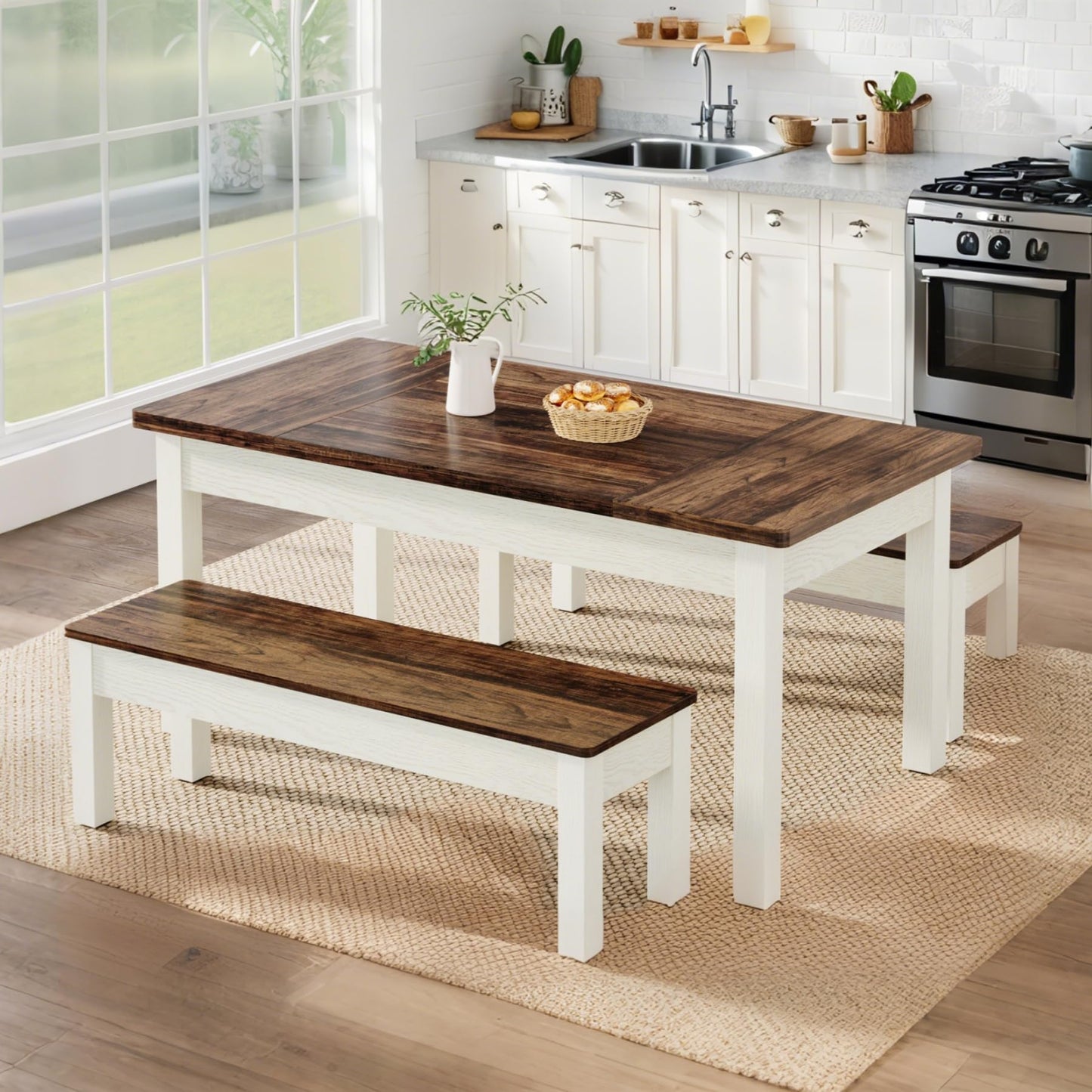 Tribesigns Farmhouse Kitchen Table Set for 4-6, 55-Inch Wooden Dining Table with 2 Benches, Space Saving 3 Pieces Heavy Duty Dinette for Dining Room, Kitchen, Small Space