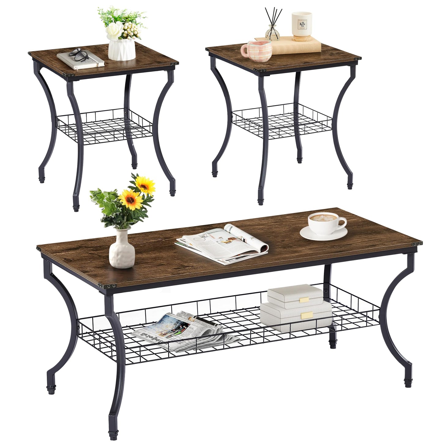 VECELO 3 Pieces Living Room Table Sets, Coffee and End Tables with Open Storage Shelves for Apartment, Home Office, Small Space, Easy Assembly, Brown