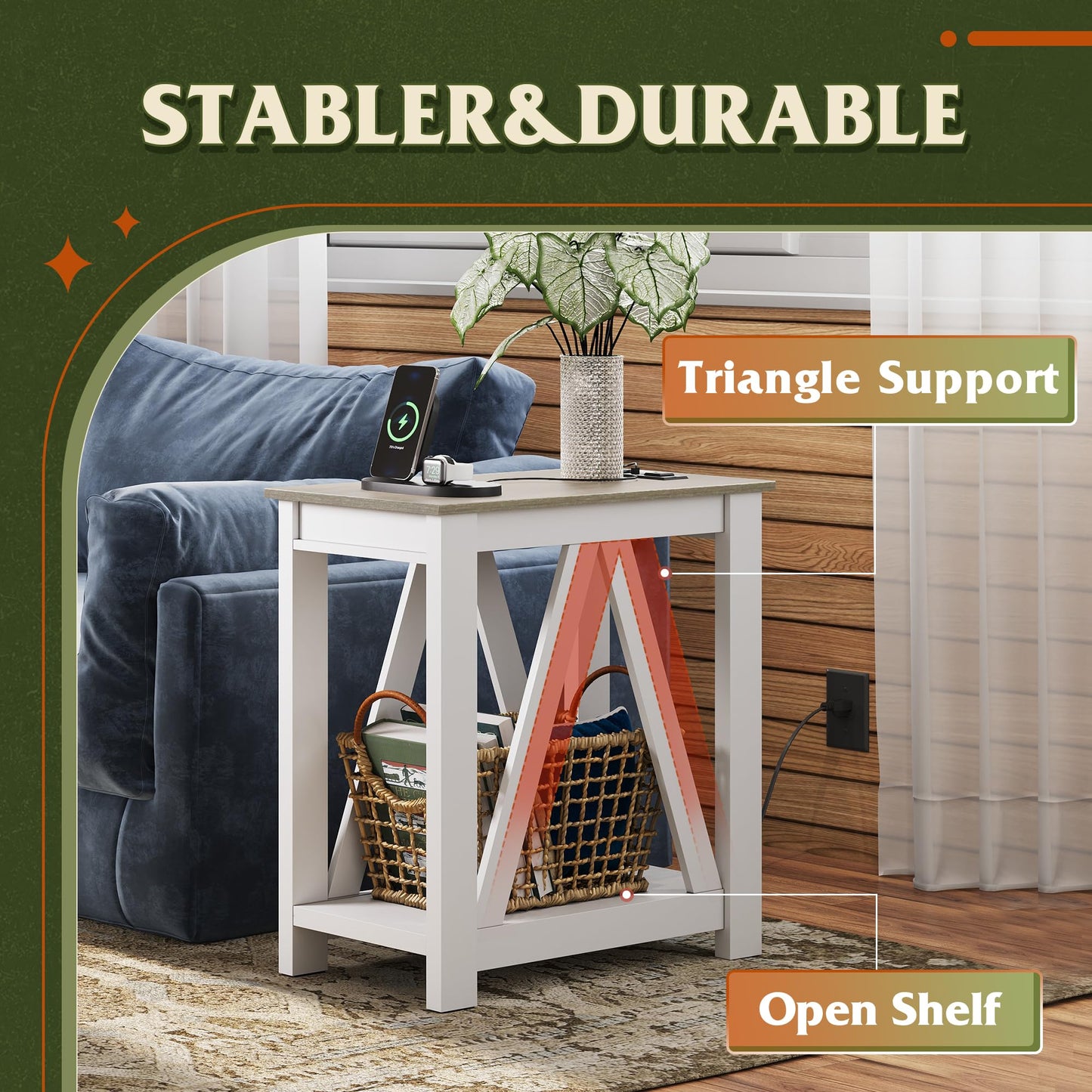 WLIVE Farmhouse End Table, Narrow Side Table with Charging Station, Slim End Table, Side Table for Bedroom, Living Room, Small Spaces, with 2 USB and 2 Power Outlets, 11.8" D x 23.6" W x 23.74" H