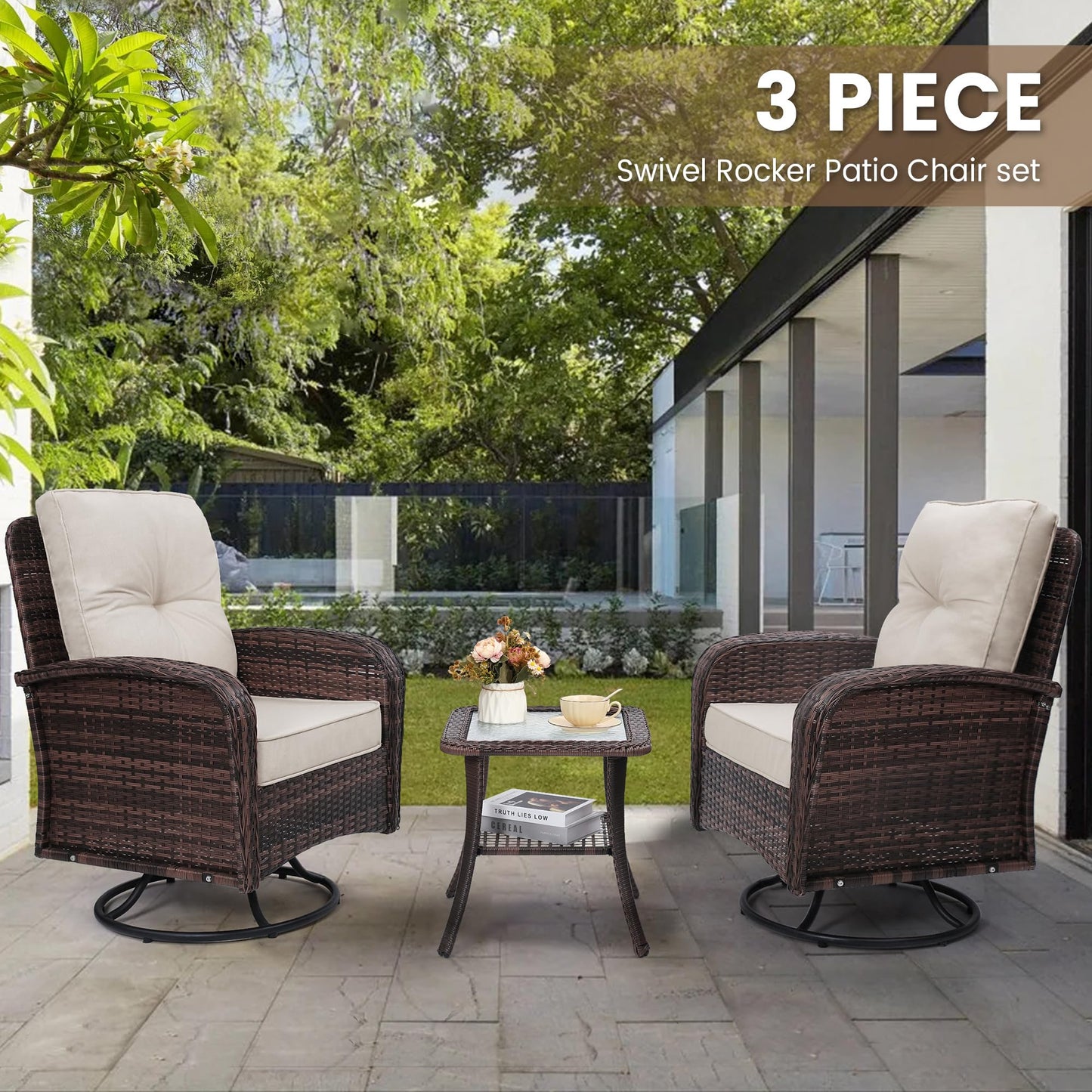 wildformers 2 Luxury Outdoor Swivel Wicker Glider Patio Chairs with Table Set, Overstuffed Washable Cushions, Ideal for Porch, Balcony, Deck, Brown Rattan and Beige Cushions