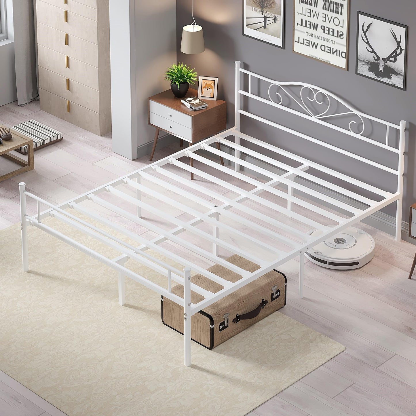 VECELO Full Size Metal Platform Bed Frame with Headboard and Footboard, Heavy Duty Mattress Foundation with Steel Slats Support, No Box Spring Needed, White