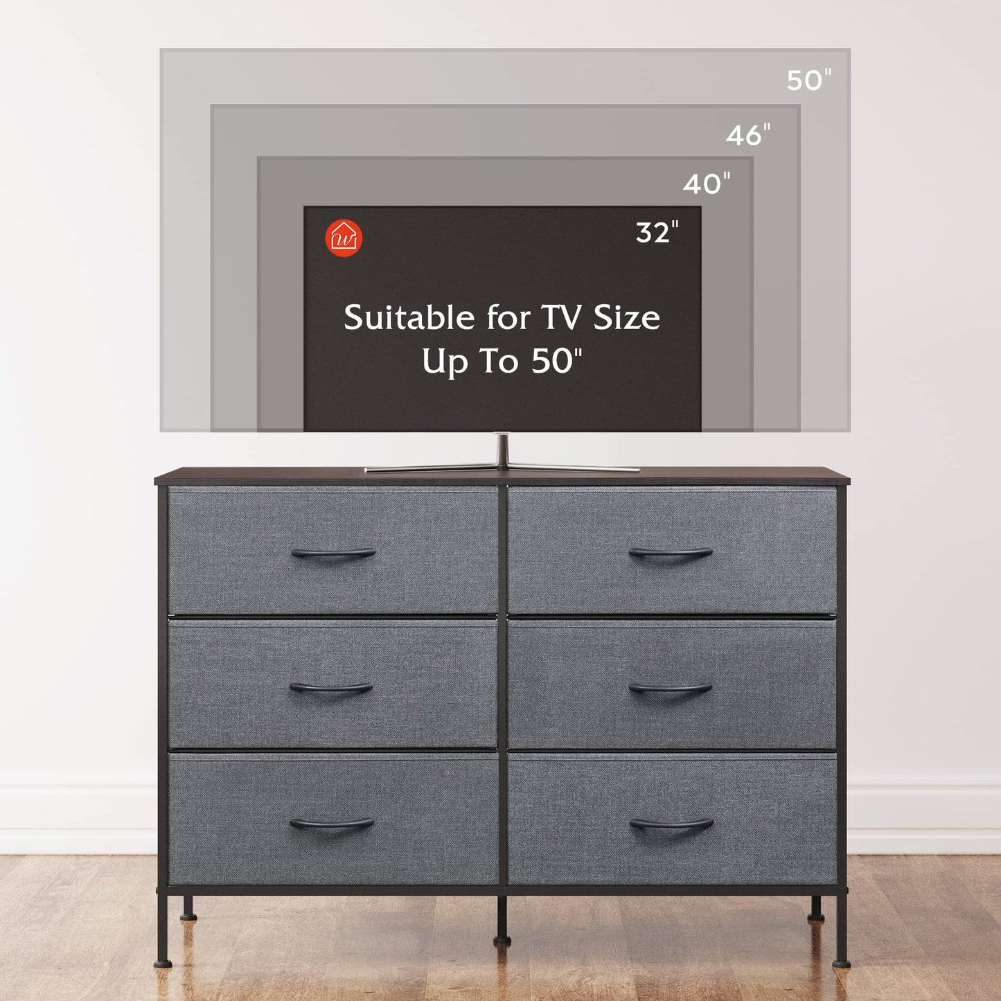 WLIVE Dresser for Bedroom with 6 Drawers, Wide Fabric Dresser TV Stand for 50 Inches TV with Metal Frame, Wooden Top, Fabric Storage Organizer for Livingroom, Hallway, Dark Gray