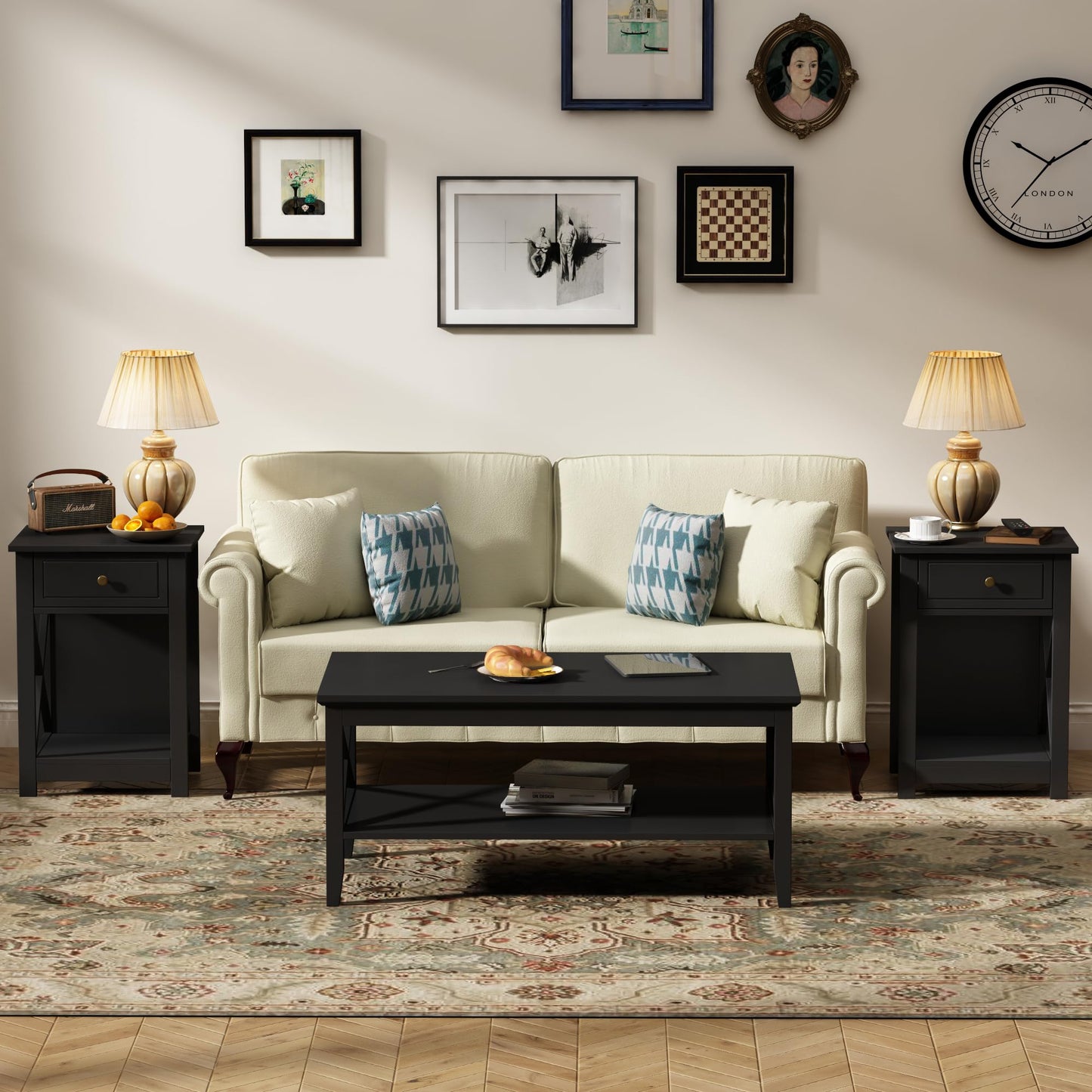 Treocho Black End Table Set of 2, Modern X-Design Night Stand,Bedside End Table with Open Storage for Small Place,Bedroom