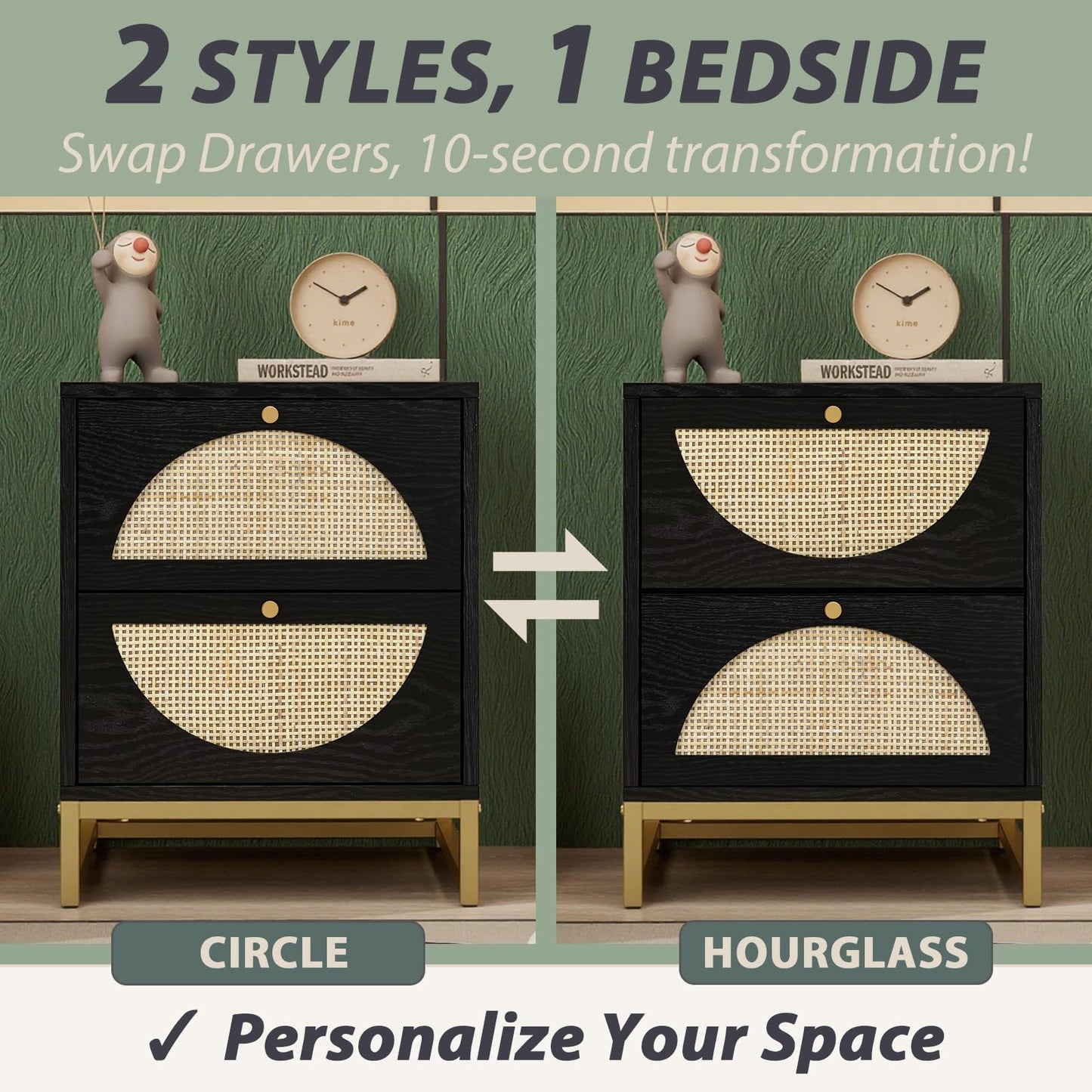 vistavie Rattan Nightstand with 2 Drawers, Wooden End Table Rattan Weaving Bedside Table Accent,Rustic Side Table Night Stand with Storage,for Living Room Bedroom (Black, Set of 2)