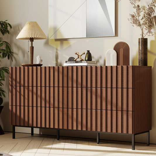 UEV 59" Fluted Dresser with 9 Drawers for Bedroom, Mid Century Style Fluted Dresser, Long Chest of Drawers TV Stand for Bedroom, Hallway (Walnut)
