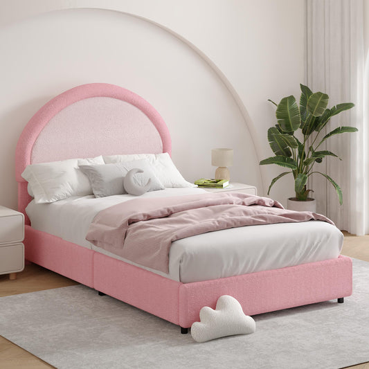 Twin Boucle Bed Frame, Boucle Upholstered Platform Bed Twin Size with Headboard, Pink Bed Frame for Girls Kids, Low Profile Bed, Rounded Corners, No Box Spring Needed, Dark Pink and Light Pink
