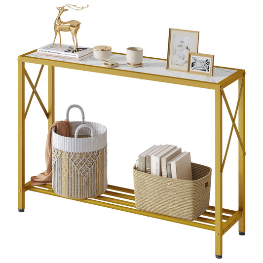Tajsoon Entryway Table 41.8”, 2-Tier Entry Way Console Entrance Table, Narrow Sofa Table with Shelves, Ideal for Hallway, Entryway, Living Room, Foyer, Corridor, and Office (Gold & White)