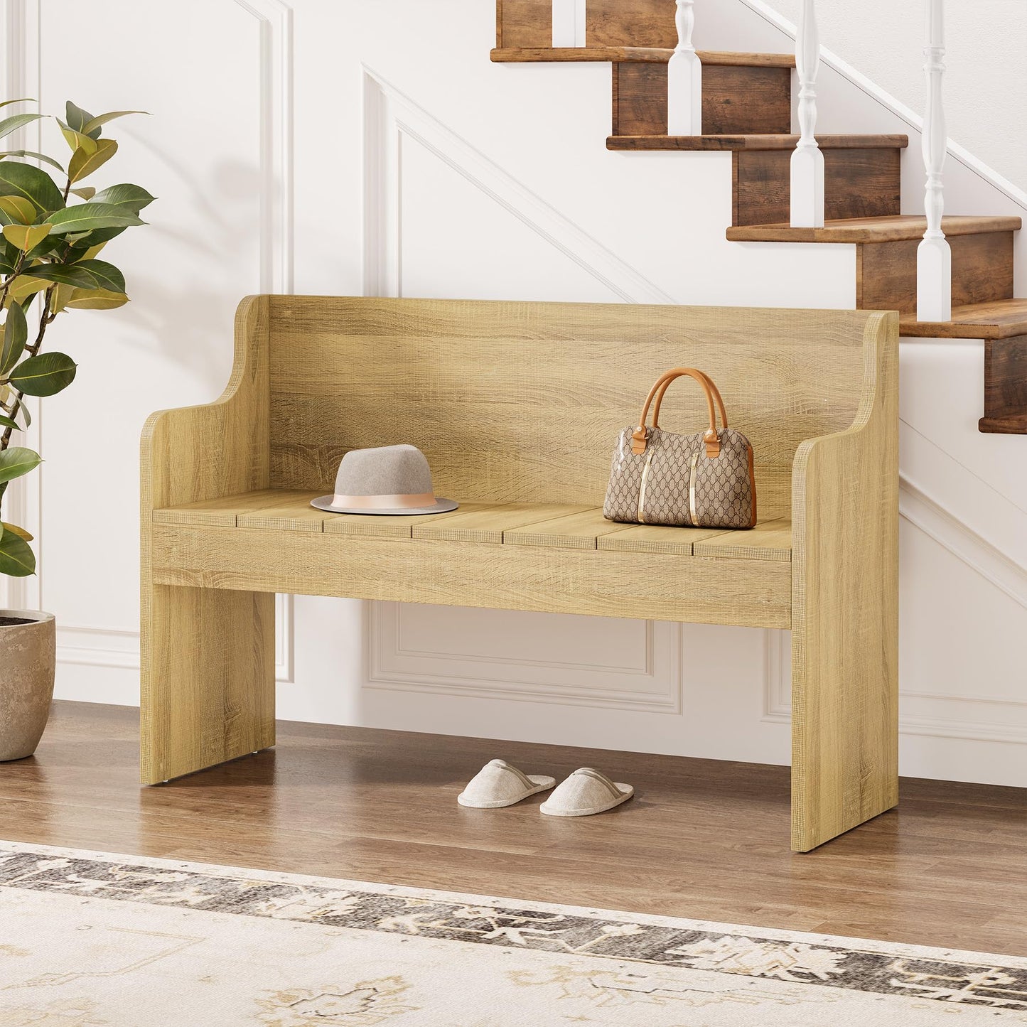 Tribesigns Entryway Bench with Back, 43.3" Farmhouse Wooden Indoor Bench, End of Bed Stool for Bedroom, Living Room, Dining Room, Easy Assembly, Natural