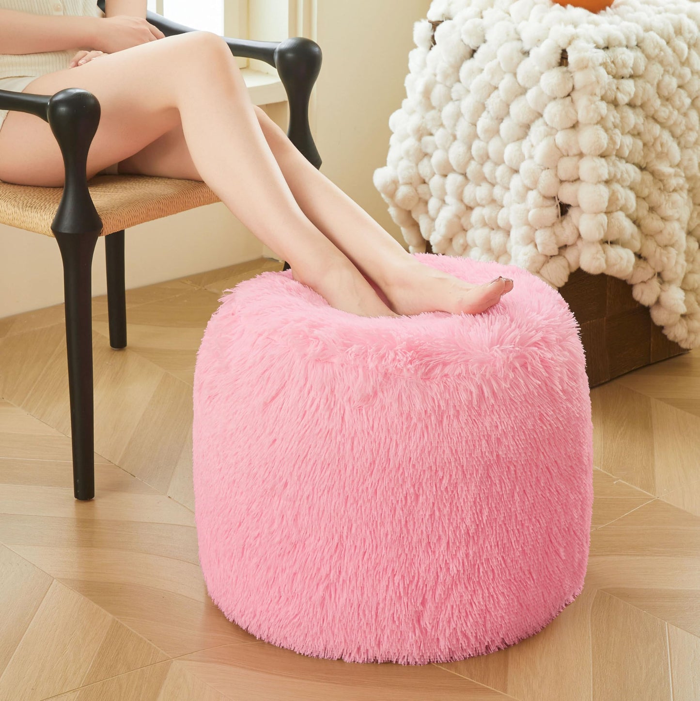 XeGe Fluffy Faux Fur Inflatable Pouf Ottoman, Cozy Shaggy Fuzzy Foot Stool, Plush Furry Foot Rest Floor Pouf Anti-Slip Kid Girl Adult, Foldable Round Ottoman Cushion for Living Room Bedroom, Pink