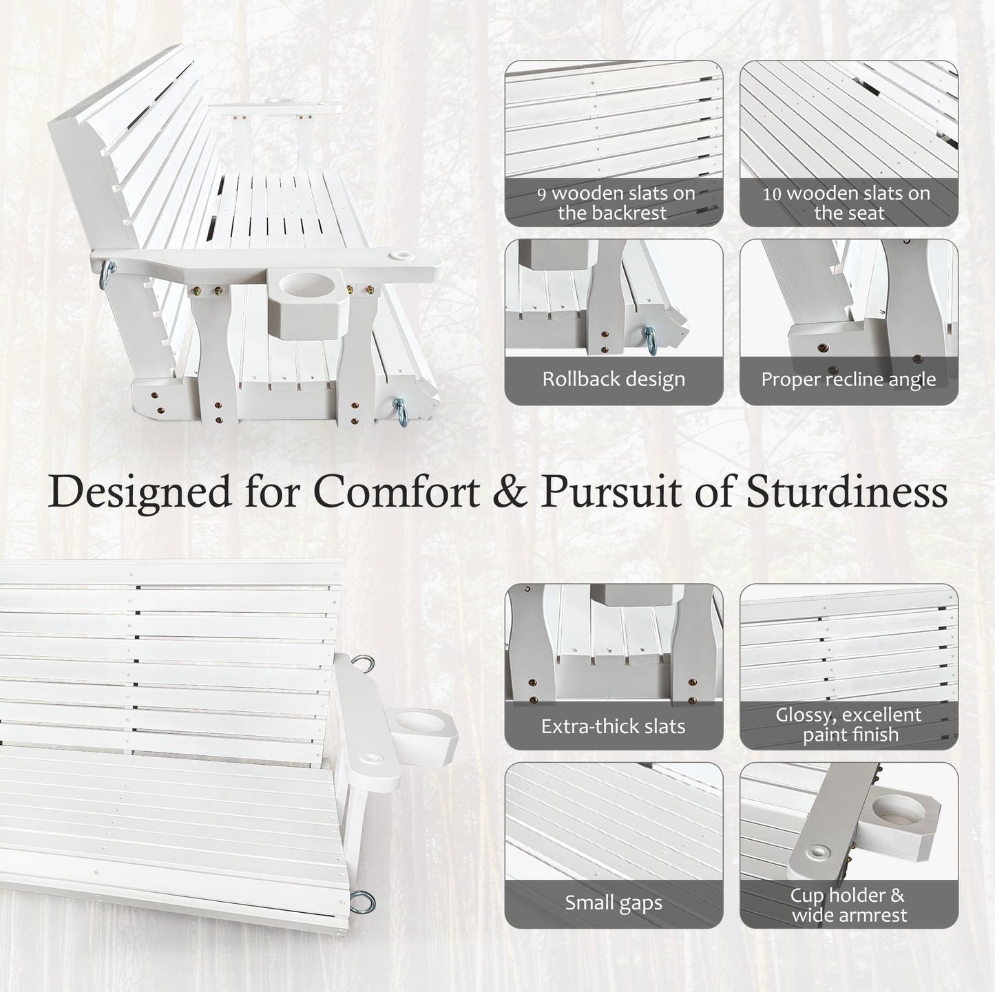 Wooden Porch Swing 3-Seater, Bench Swing with Cupholders, Hanging Chains and 7mm Springs, Heavy Duty 880 LBS, for Outdoor Patio Garden (Pure White, 5 FT Extra Large)