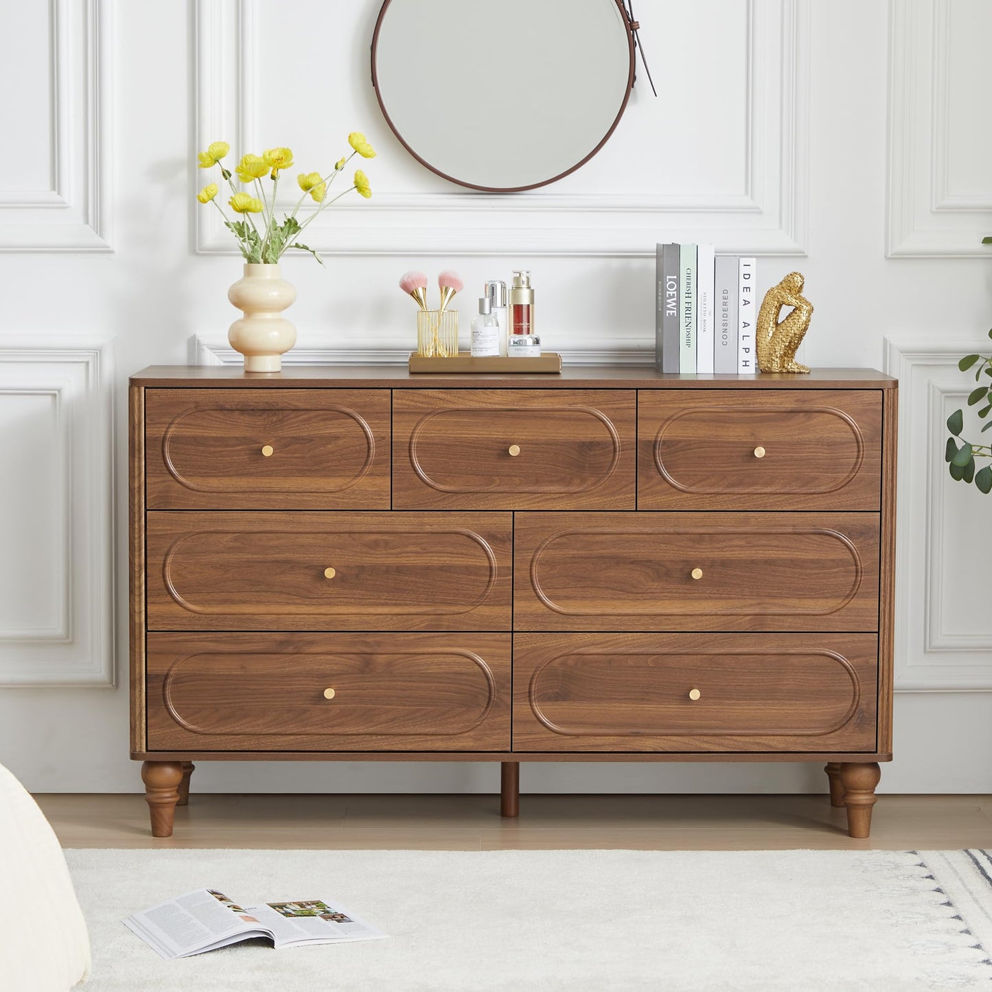 7 Drawer Fluted Dresser for Bedroom, Mid Century Modern Chest of Drawers, Wood Storage Large Dresser Organizer for Bedroom Living Room Hallway Closet, Walnut