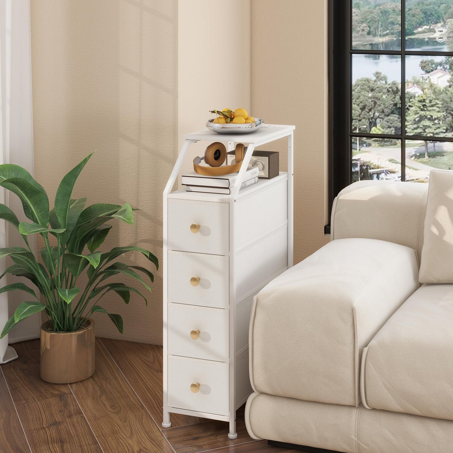 Tohomeor Narrow Dresser Tall Skinny Storage Tower Vertical Slim Chest of Drawers with Charging Station Small Nightstand Side Table for Bedroom, Bathroom, Small Spaces (White, 4 Drawers)